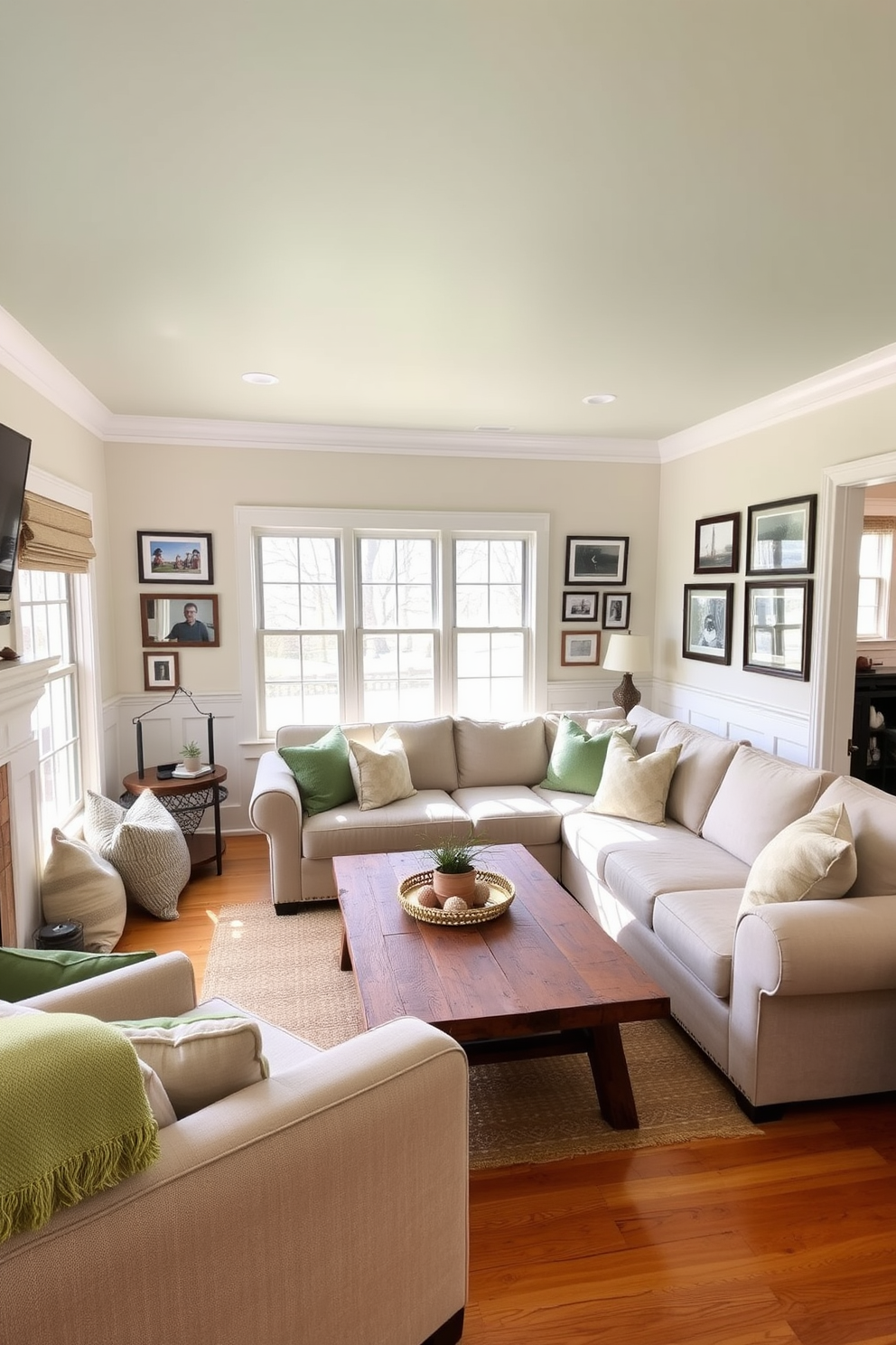 A cozy family room with a subtle sage green painted ceiling that creates a serene atmosphere. The walls are adorned with soft white wainscoting, and plush, neutral-toned furniture invites relaxation. Natural light floods the space through large windows, enhancing the warmth of the wooden flooring. A large, comfortable sectional sofa is paired with a rustic coffee table made of reclaimed wood, perfect for family gatherings. Decorative throw pillows in various shades of green and beige add texture and comfort. A collection of framed family photos and artwork hangs on the walls, personalizing the space and making it feel like home.