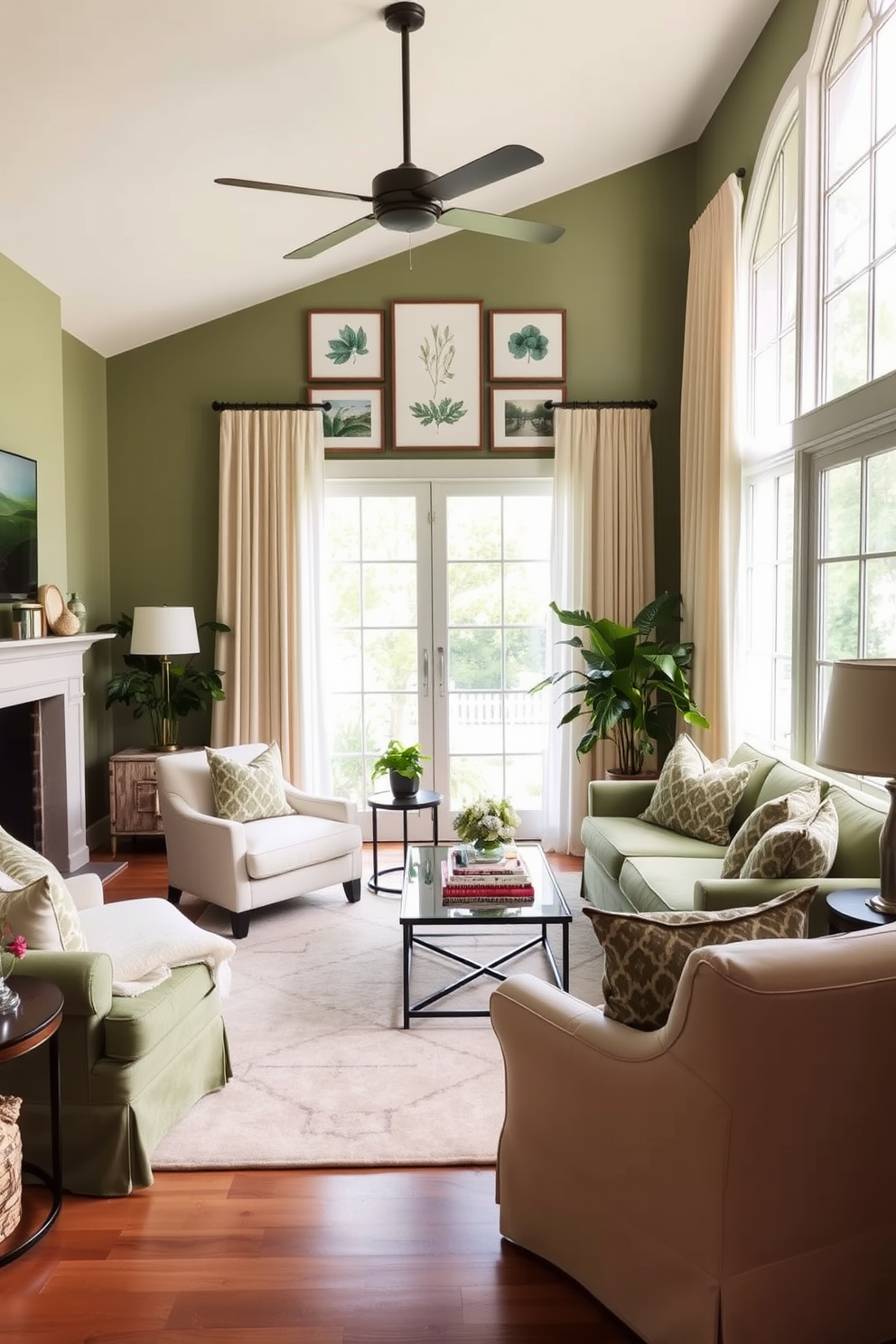 A cozy family room filled with various shades of green to create a harmonious atmosphere. The walls are painted in a soft sage green, while the furniture features deeper forest green accents. Plush sofas are adorned with patterned throw pillows in lighter green hues. A large area rug with a subtle green design anchors the space, complemented by wooden accents and greenery from potted plants.