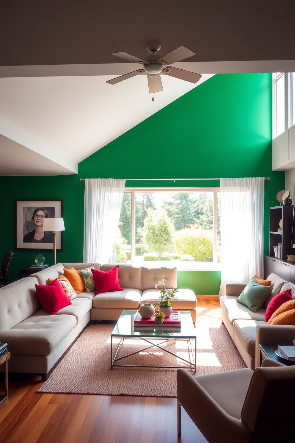 A vibrant emerald accent wall serves as the focal point of the family room, creating a bold and inviting atmosphere. The room features a plush sectional sofa in a neutral tone, complemented by colorful throw pillows that add warmth and personality. Natural light floods the space through large windows adorned with sheer white curtains, enhancing the room's airy feel. A stylish coffee table sits in the center, surrounded by a mix of modern and vintage decor elements for an eclectic touch.