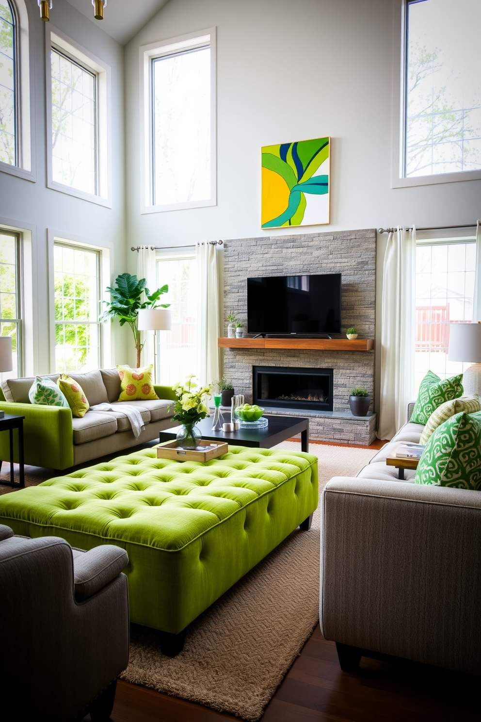 A family room featuring green lighting fixtures that create a unique and inviting atmosphere. The walls are adorned with soft beige paint while the furniture includes a plush green sofa and accent chairs. Natural light floods the space through large windows, complemented by sheer white curtains. Decorative plants are strategically placed around the room, enhancing the overall freshness and vibrancy of the design.