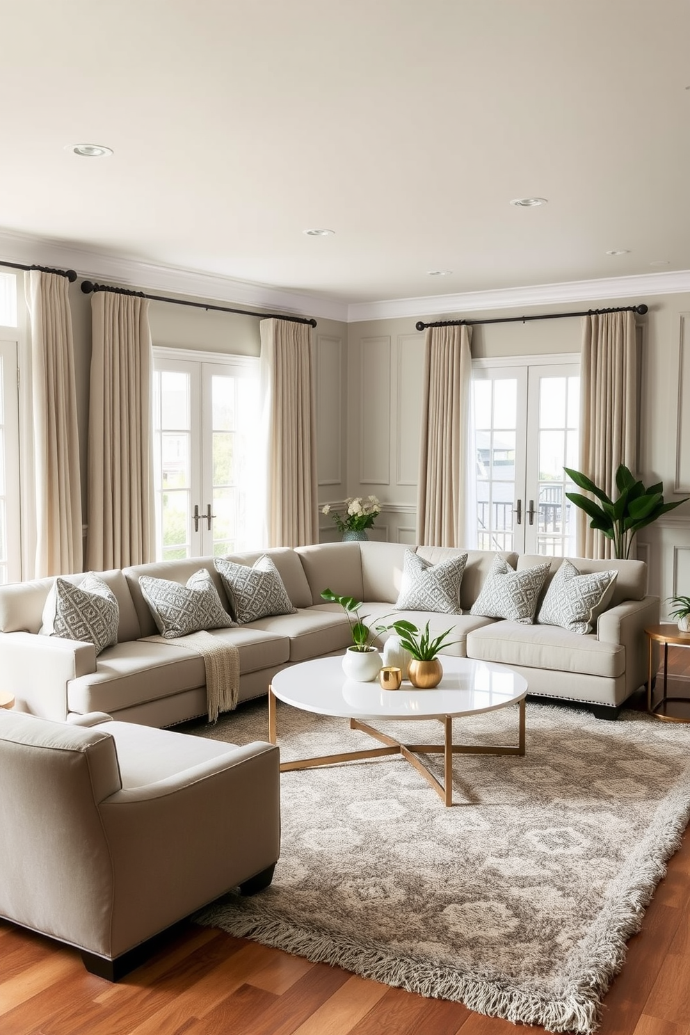 A serene family room featuring soft green and gray hues that create a calming atmosphere. The space includes a plush sectional sofa adorned with textured throw pillows and a cozy area rug that ties the colors together. Natural light floods the room through large windows, highlighting the elegant drapery that complements the color scheme. A minimalist coffee table sits at the center, surrounded by tasteful decor and a few potted plants for a touch of freshness.