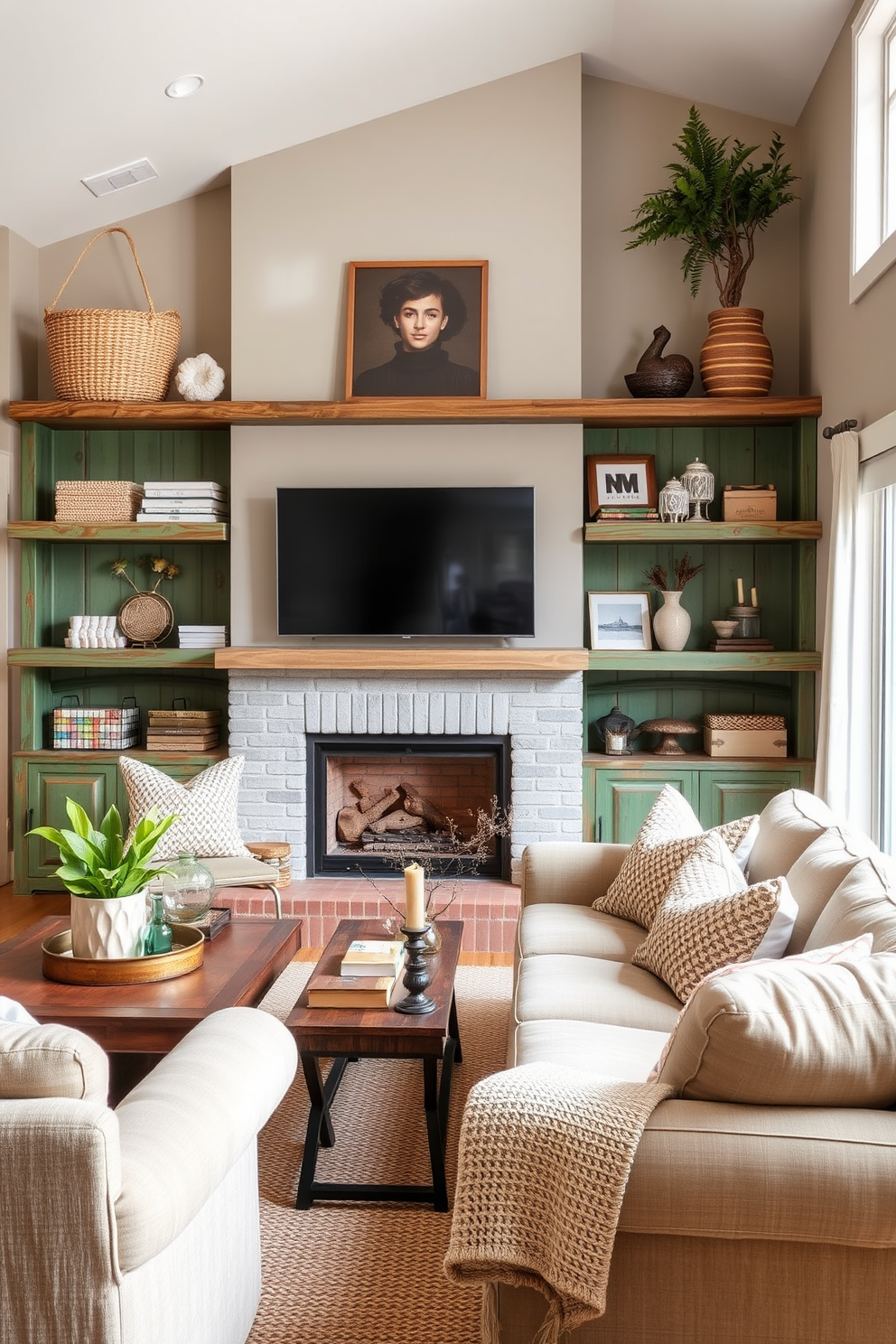 A cozy family room featuring rustic green reclaimed wood shelving that adds warmth and character to the space. The room is adorned with comfortable seating, natural textiles, and earthy decor elements that create an inviting atmosphere.