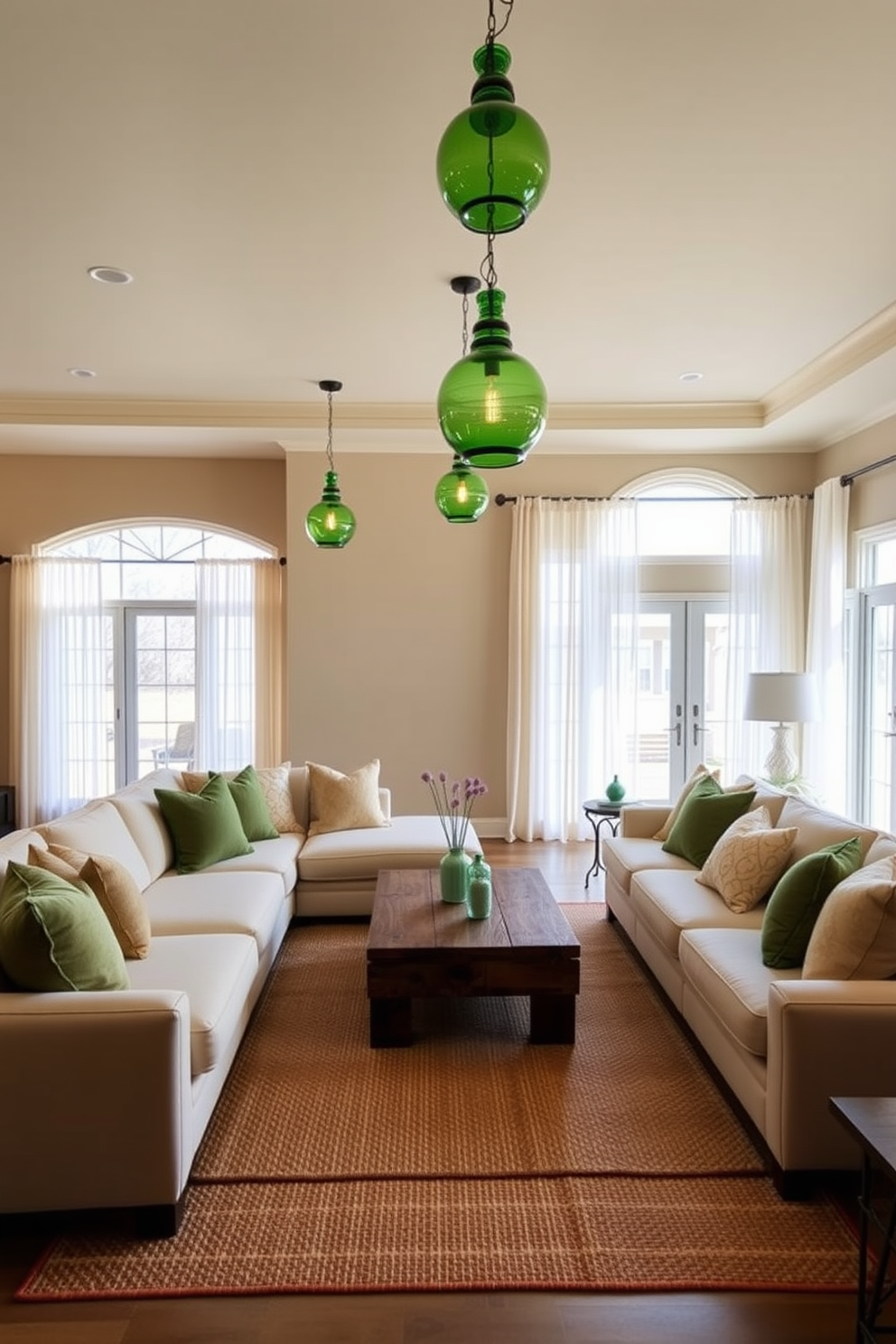 A cozy family room adorned with subtle green stripes on the walls, creating a refreshing yet calming atmosphere. The space features a plush sectional sofa in a neutral tone, complemented by vibrant green and patterned throw pillows. A large area rug with earthy tones anchors the seating area, while a wooden coffee table adds warmth and texture. Natural light streams in through large windows, highlighting potted plants that bring life to the room.