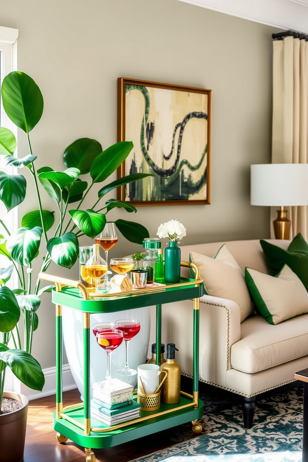 A stylish green bar cart stands elegantly in the corner of a vibrant family room. The cart features gold accents and is adorned with an array of colorful glassware and cocktail accessories. The family room is designed with cozy seating in shades of green and cream, complemented by lush plants and natural light. A statement art piece hangs above the sofa, adding a touch of sophistication to the inviting space.