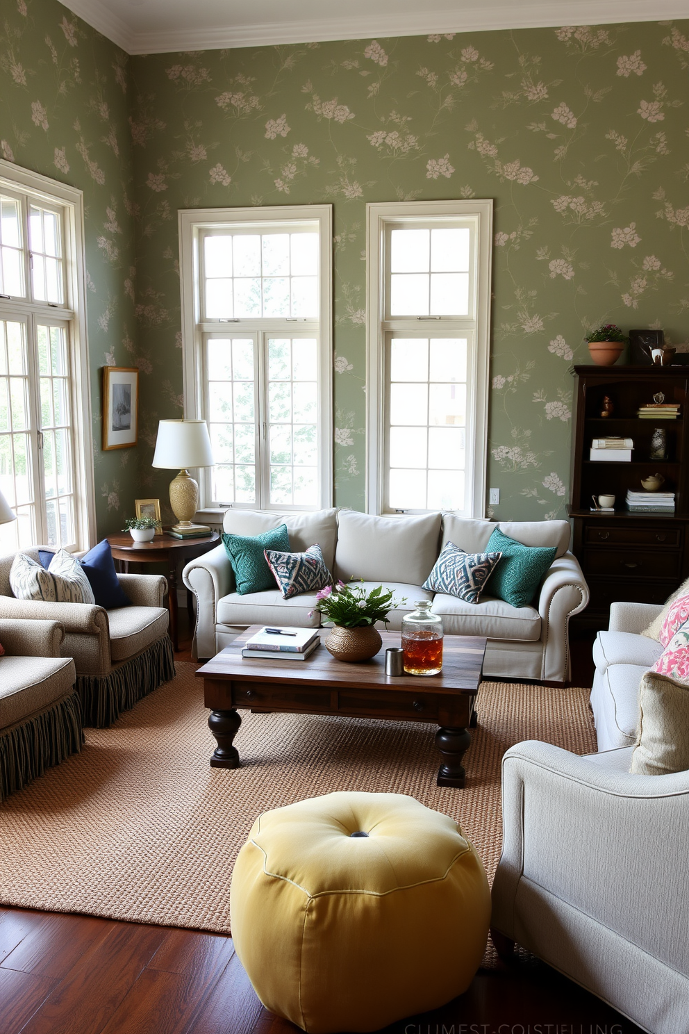 A cozy family room featuring muted green wallpaper adorned with delicate floral patterns. The space is filled with plush seating options, including a large sectional sofa and a pair of accent chairs, all in soft, neutral tones. Natural light floods the room through large windows, enhancing the inviting atmosphere. A rustic wooden coffee table sits at the center, surrounded by a collection of colorful throw pillows and a woven area rug.