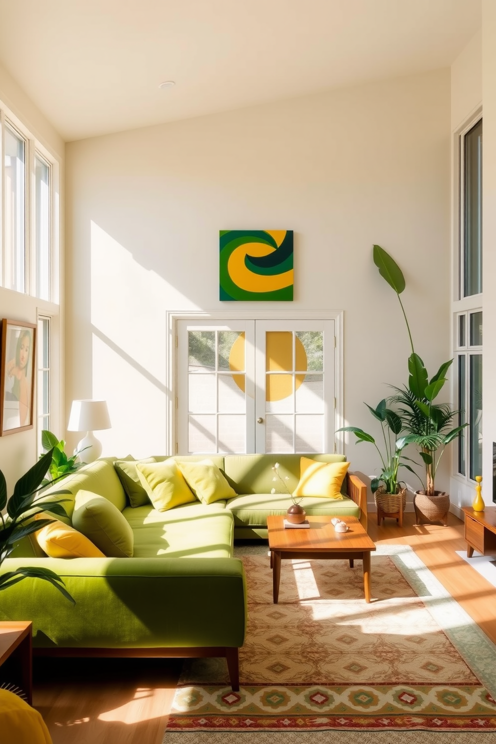 A vibrant family room filled with natural light. The walls are painted in a soft cream tone, while green and yellow accents are incorporated through cushions and artwork. A plush green sofa is the centerpiece, complemented by yellow throw pillows. A large area rug with a geometric pattern ties the space together, and a wooden coffee table adds warmth. Floor-to-ceiling windows allow for an abundance of sunlight, enhancing the cheerful atmosphere. Potted plants in the corners bring a touch of nature indoors, completing the inviting design.