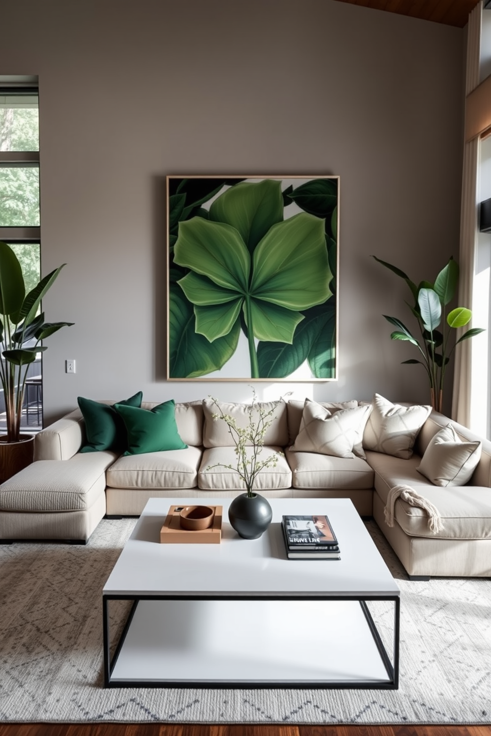 A modern family room featuring a large green artwork as the focal point. The room is designed with a cozy sectional sofa in neutral tones and a sleek coffee table in front, surrounded by greenery and natural light.