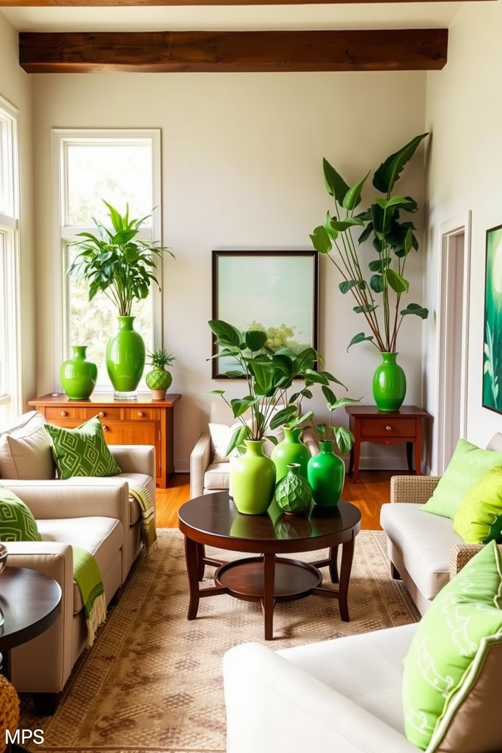 A bright and inviting family room features green ceramic vases strategically placed on shelves and tables. The room is adorned with soft seating in neutral tones, complemented by vibrant green accents in the throw pillows and artwork. Natural light floods the space through large windows, highlighting the lush indoor plants that bring life to the room. A cozy area rug anchors the seating arrangement, creating a warm and welcoming atmosphere for family gatherings.