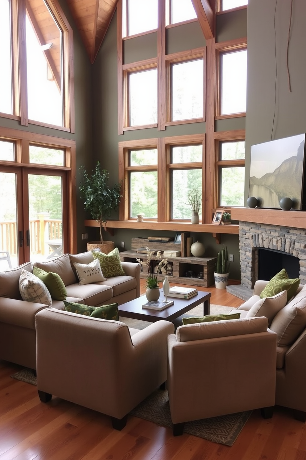 A cozy family room featuring an olive green sectional sofa adorned with an array of colorful pillows. The space is illuminated by natural light streaming through large windows, highlighting a warm wooden coffee table at the center. The walls are painted in a soft beige, creating a welcoming atmosphere. A plush area rug anchors the seating area, while framed family photos and vibrant artwork add personal touches to the decor.