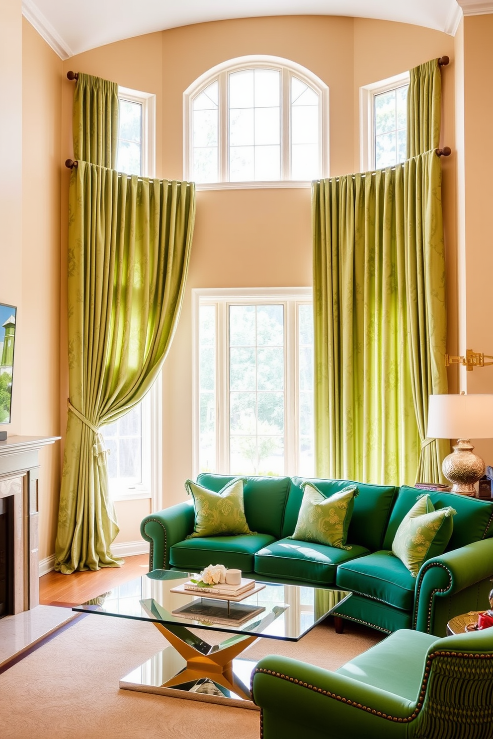 Elegant green drapery cascades gracefully from a polished wooden rod, adding a touch of sophistication to the room. The fabric features a subtle floral pattern that complements the warm beige walls and enhances the natural light streaming in through the large windows. In the family room, a plush emerald green sofa is paired with a sleek glass coffee table, creating a cozy yet stylish atmosphere. Accents of gold in the decorative pillows and lighting fixtures add a luxurious flair to the overall design.