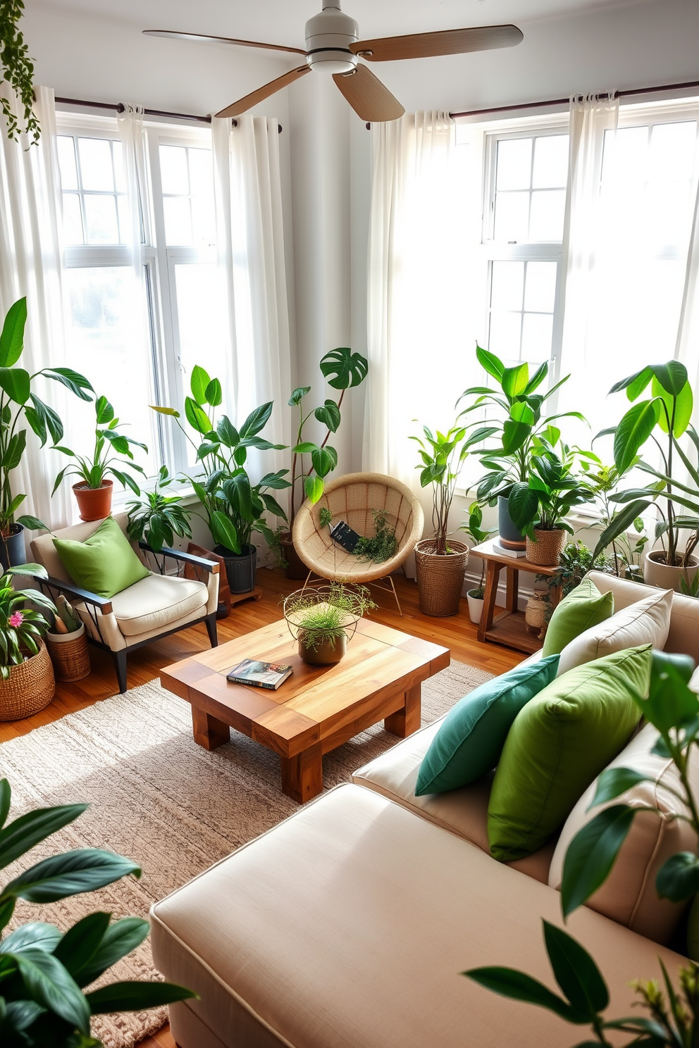 A bright and airy family room filled with various indoor plants that bring a refreshing touch of nature indoors. The space features a comfortable sectional sofa in a soft beige fabric, accented with vibrant green throw pillows and a large coffee table made of reclaimed wood. Natural light floods the room through large windows framed with sheer white curtains, creating a warm and inviting atmosphere. A cozy reading nook is set up in one corner, complete with a stylish armchair and a small bookshelf filled with greenery and decorative items.