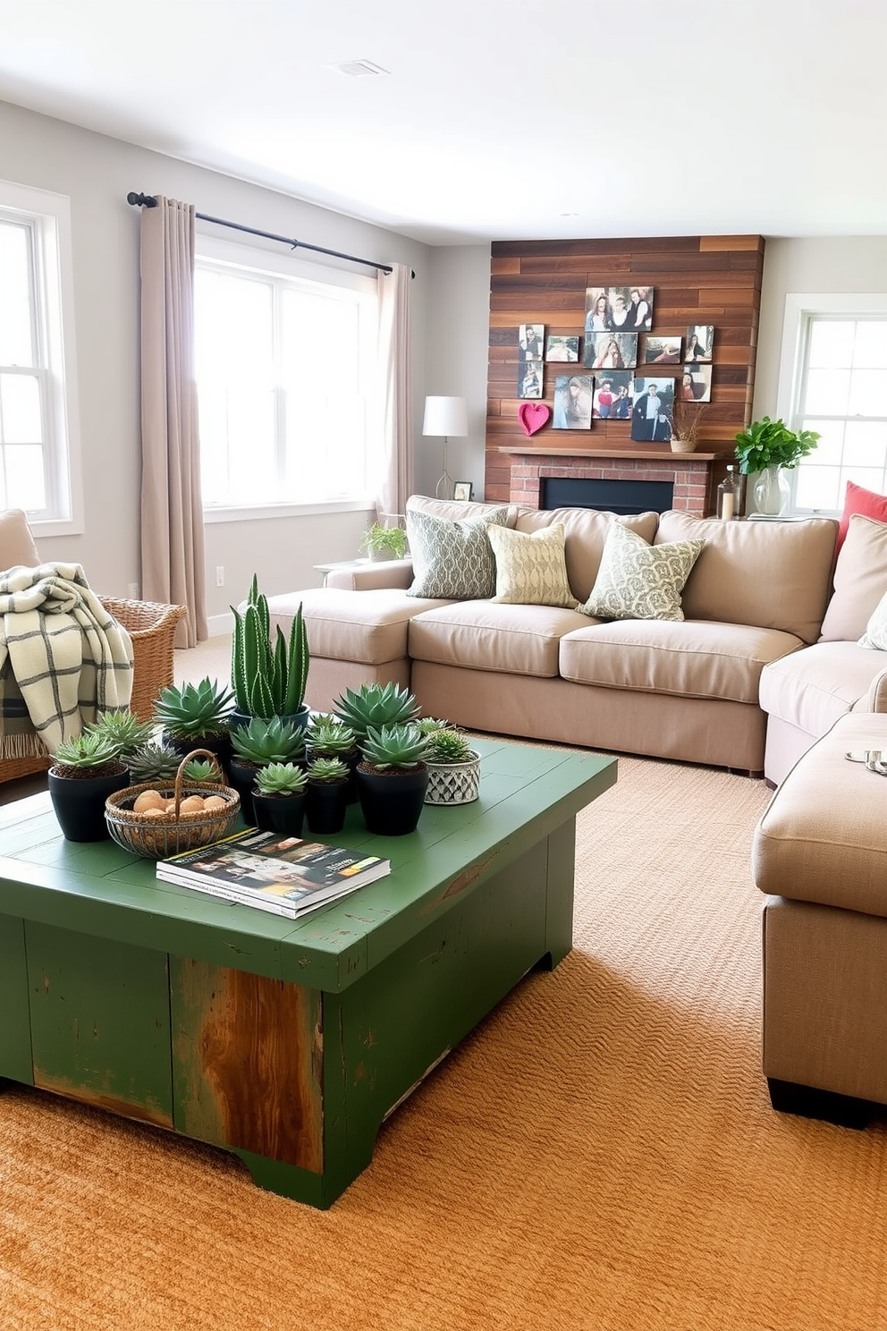 A rustic green coffee table centerpiece features a reclaimed wood base with a distressed finish. The table is adorned with a collection of potted succulents, a woven basket for magazines, and a cozy throw blanket draped over one corner. The family room is designed with earthy tones, featuring a large sectional sofa in a warm beige fabric. Natural light floods the space through oversized windows, highlighting the textured area rug and the wooden accent wall adorned with family photos.