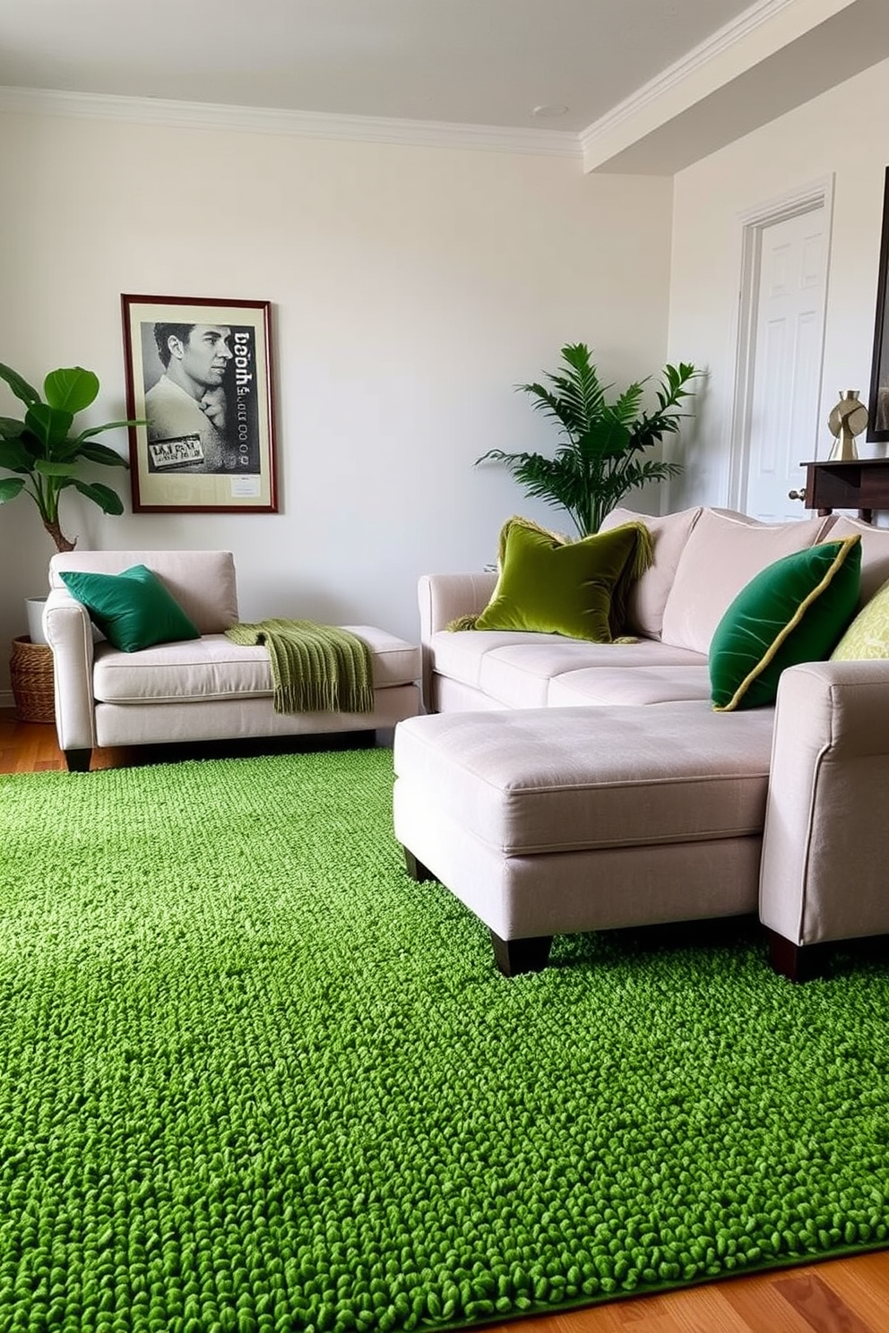 Textured green area rug adds warmth and comfort to the family room. The space features a cozy sectional sofa in neutral tones, accented with vibrant green and gold throw pillows.