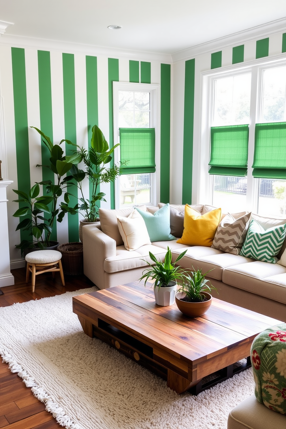 A cozy family room featuring green and white striped wallpaper that adds a fresh and vibrant touch to the space. The room includes a plush sectional sofa adorned with soft throw pillows in complementary colors, creating an inviting atmosphere for relaxation. Natural light floods the room through large windows, highlighting a stylish coffee table made of reclaimed wood. A collection of indoor plants adds a touch of nature, while a soft area rug anchors the seating arrangement, enhancing the overall comfort of the family room.