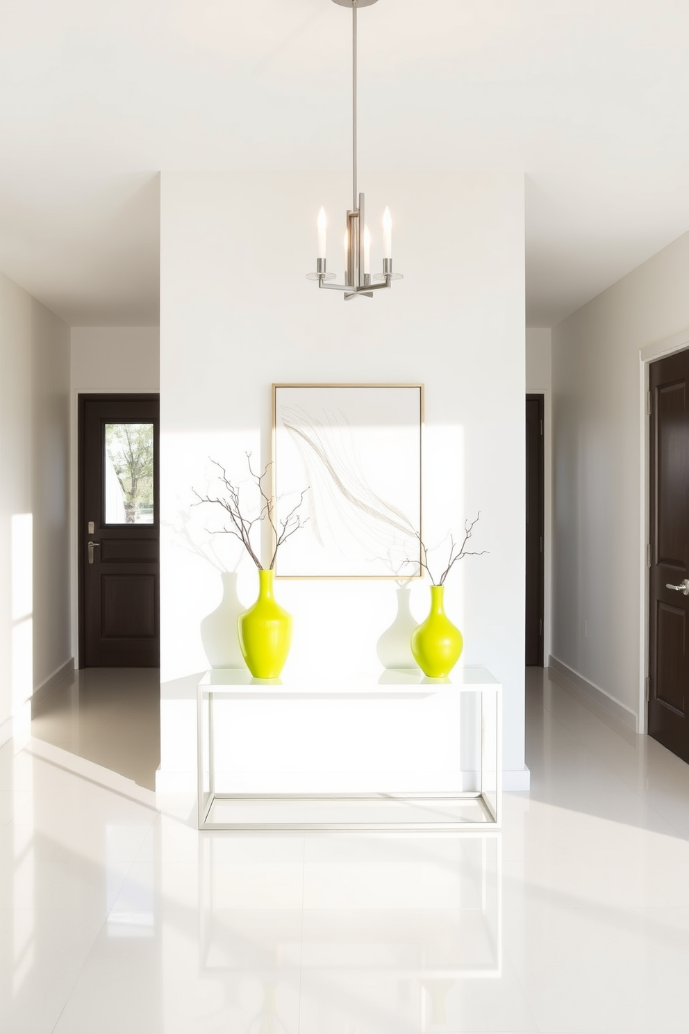 A bright and inviting foyer featuring a sleek console table adorned with lime green vases. The walls are painted in a soft white hue, complemented by a modern light fixture that casts a warm glow.