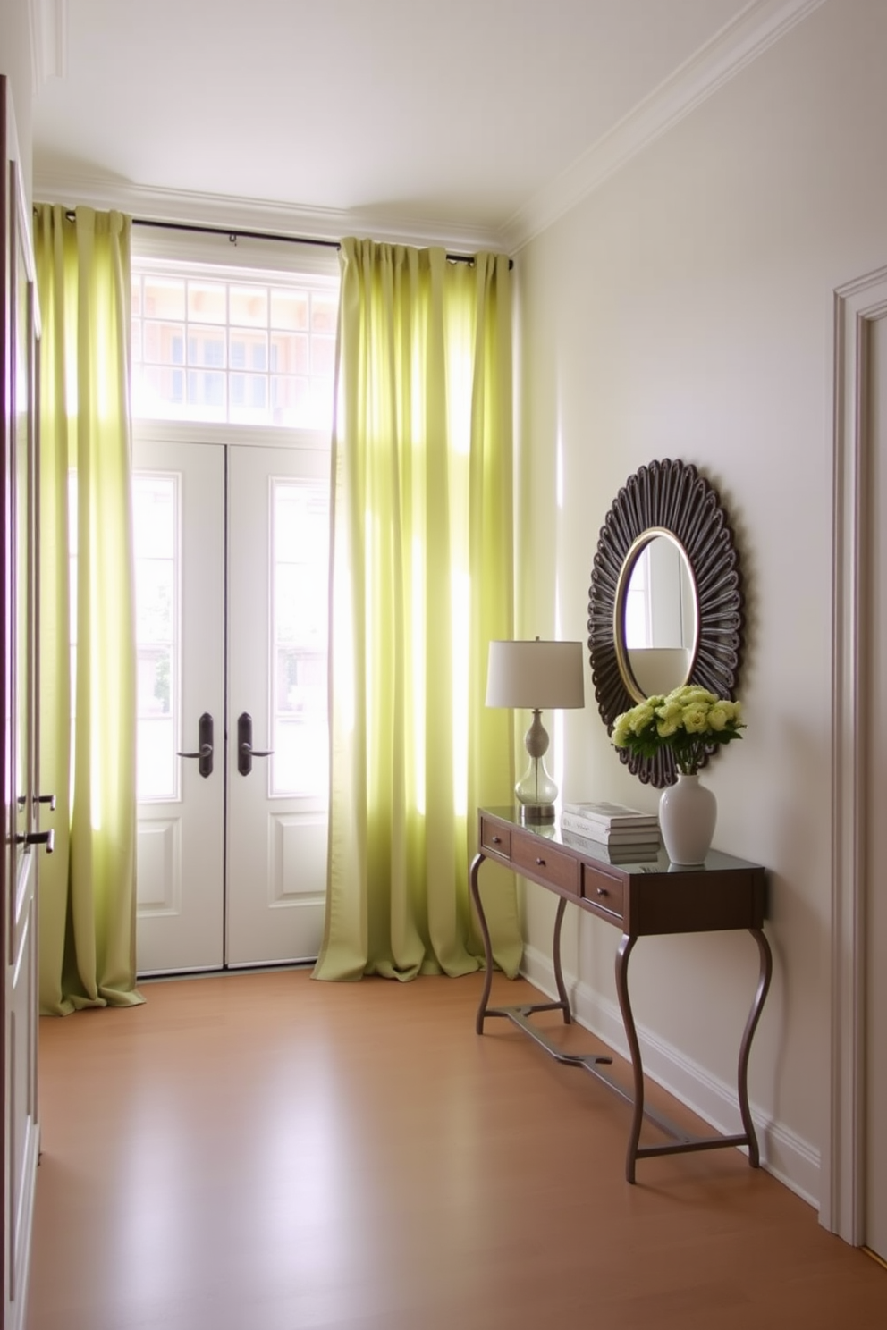 A serene foyer adorned with soft green curtains that gently filter natural light into the space. The walls are painted in a light neutral tone, complemented by a stylish console table and a decorative mirror that enhances the room's brightness.