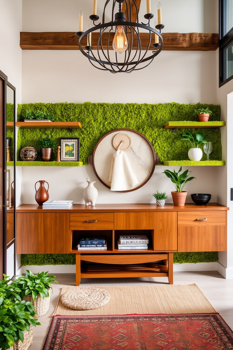 A welcoming foyer featuring a chartreuse accent chair that adds a pop of color. The walls are adorned with soft gray paint, and a round mirror hangs above a small console table. Natural light floods the space through a large window, highlighting a patterned area rug beneath the chair. Potted plants in the corners enhance the vibrant atmosphere and create a fresh, inviting entryway.