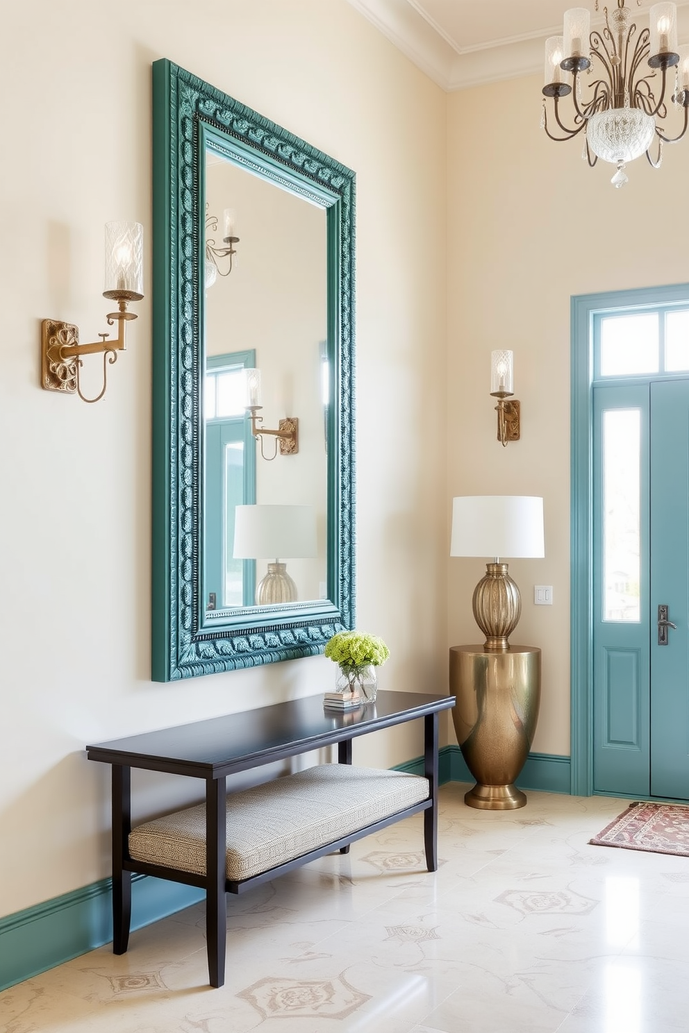 A stunning foyer design featuring a teal framed mirror that adds depth and character to the space. The walls are painted in a soft cream color that complements the teal, while elegant lighting fixtures illuminate the area gracefully.