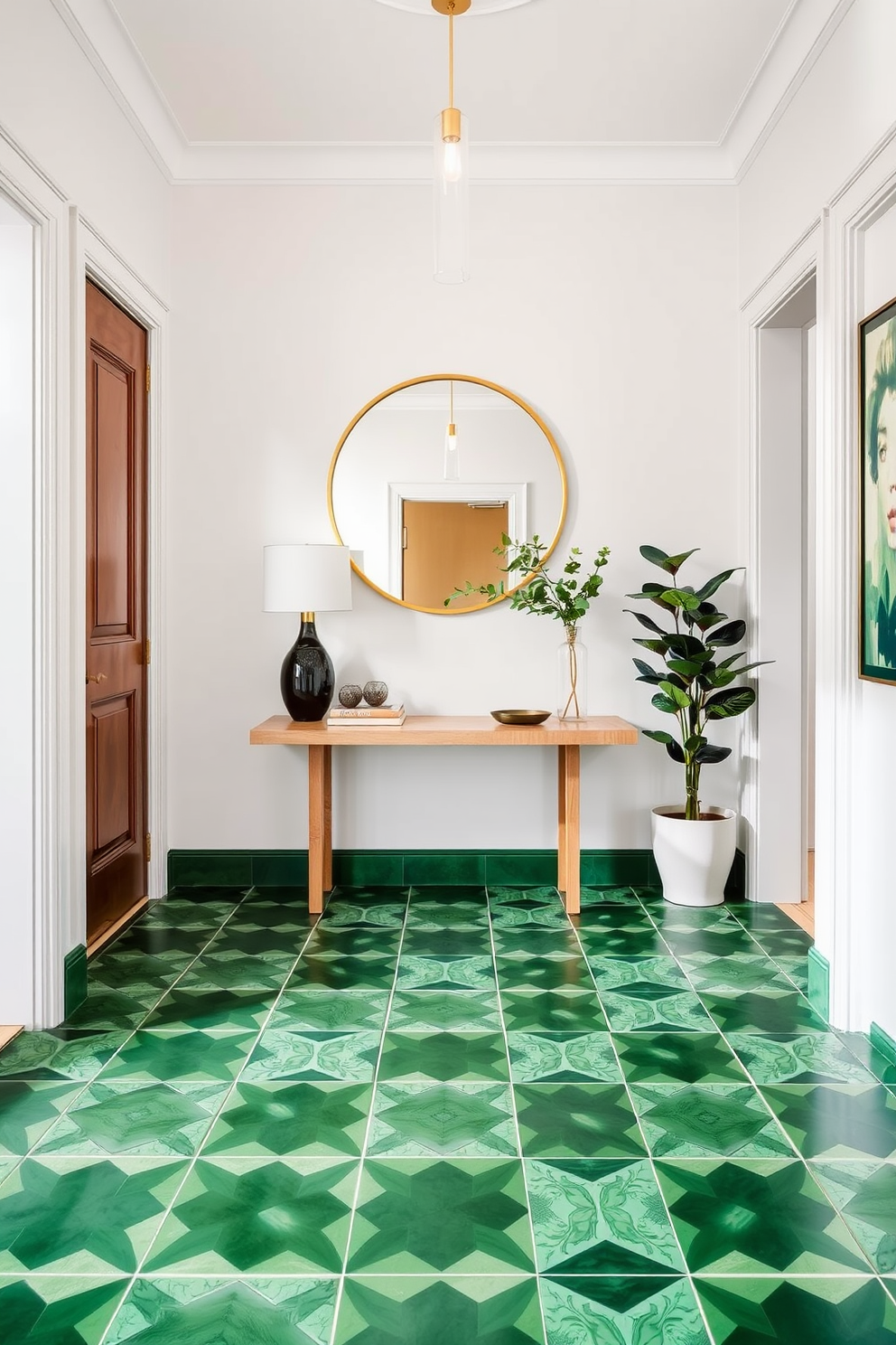 A stunning foyer featuring green geometric tiles that create a bold and modern foundation. The walls are adorned with a soft white hue, providing a fresh contrast to the vibrant floor design. Incorporating a sleek console table with a natural wood finish, topped with decorative items and a stylish lamp. A large round mirror with a gold frame hangs above the table, enhancing the sense of space and light.