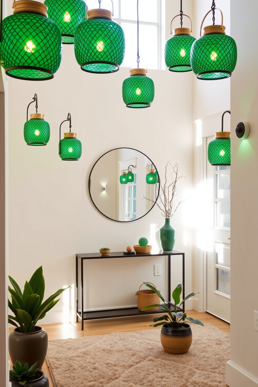 A stylish foyer adorned with green glass lanterns casting a warm ambient glow. The space features a sleek console table against the wall, complemented by a large round mirror above it. The walls are painted in a soft cream hue, enhancing the natural light that fills the area. A plush area rug in neutral tones anchors the space, while potted plants add a touch of greenery.