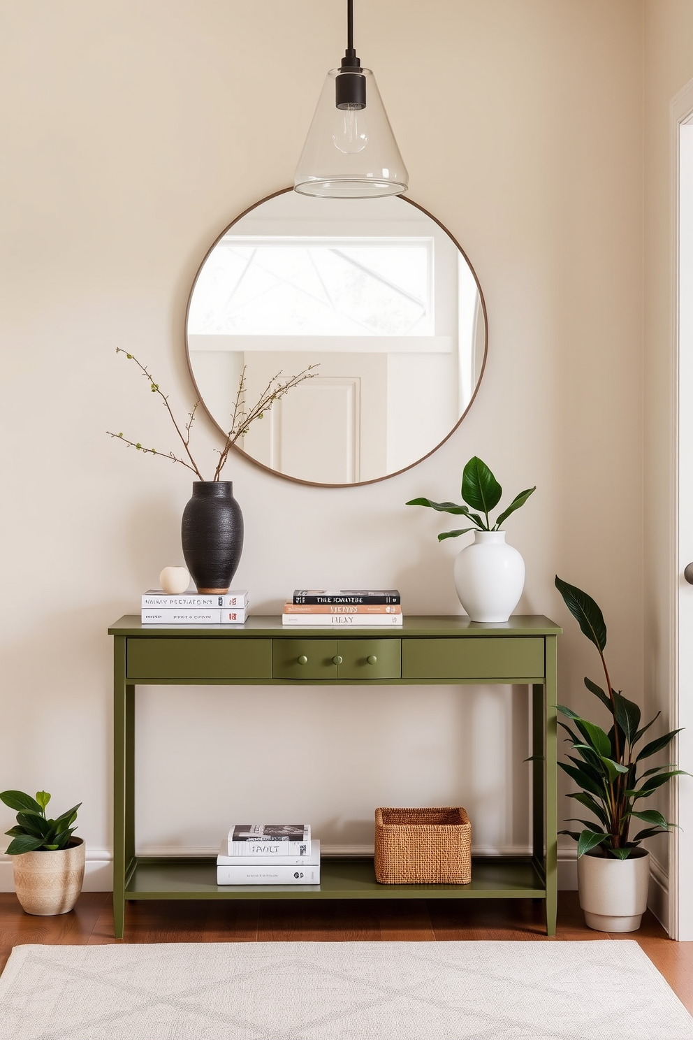 A stylish olive green console table stands against a light beige wall, adorned with an array of decorative items including a sculptural vase and a stack of art books. A large round mirror hangs above the table, reflecting the natural light from the nearby window, enhancing the inviting atmosphere of the foyer. The foyer features a chic area rug with subtle patterns that complements the olive green tones, while potted plants add a touch of greenery and freshness. Soft lighting from a modern pendant fixture illuminates the space, creating a warm and welcoming entryway.