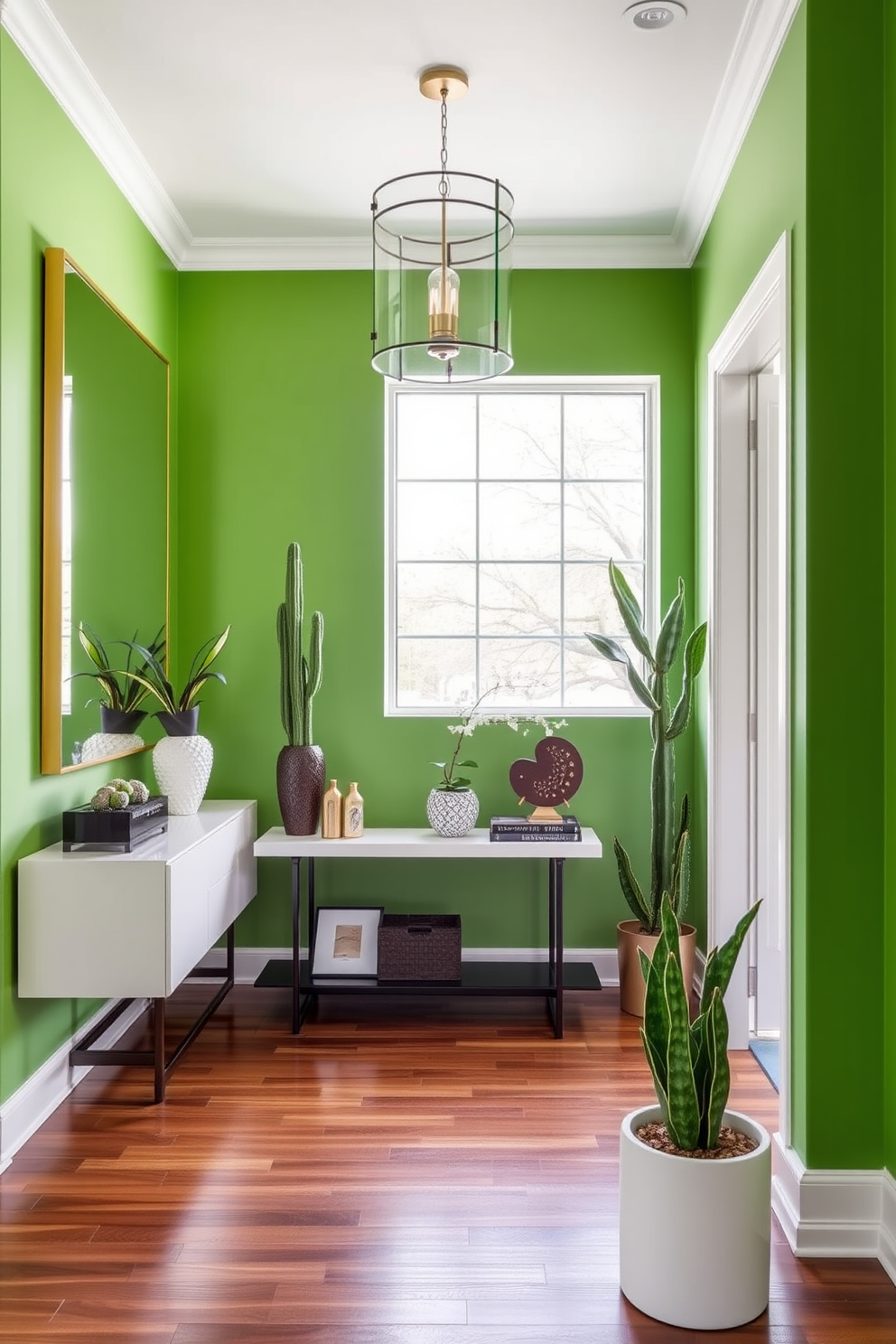 A vibrant foyer featuring cactus green paint on the walls creates a bold and inviting atmosphere. The space is complemented by a sleek console table topped with decorative items and a large mirror that enhances the sense of openness. Natural light floods in through a large window, highlighting the rich tones of the wooden flooring. Potted plants in stylish planters add a touch of greenery and warmth to the modern design.