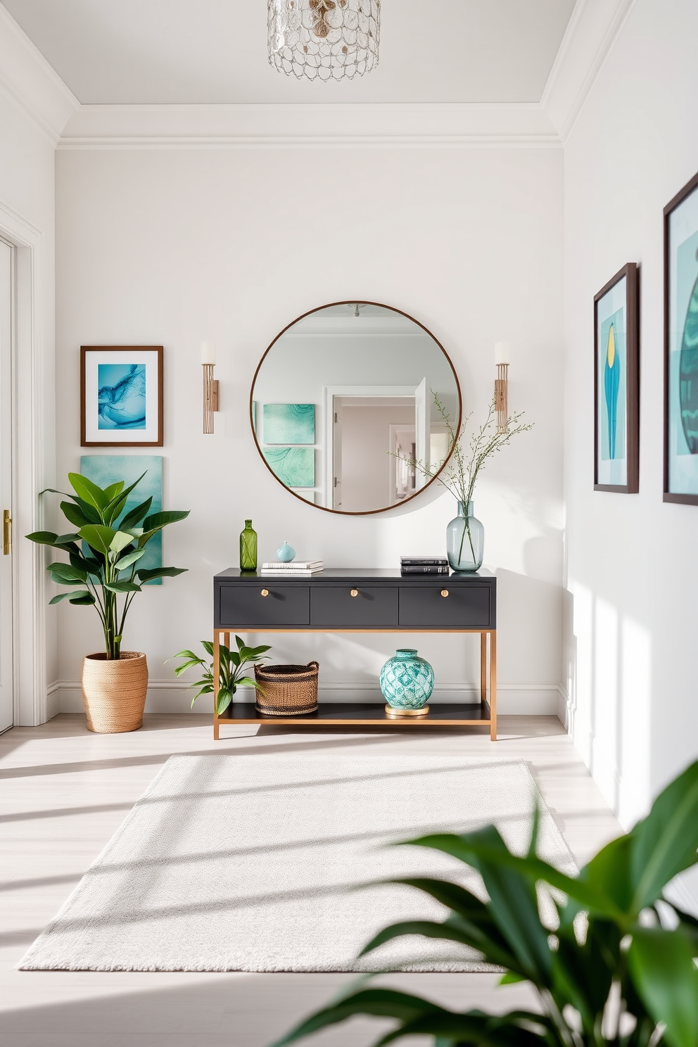 A stunning foyer featuring aqua green accents in the wall decor creates a refreshing and inviting atmosphere. The space is adorned with a sleek console table, complemented by a large round mirror that reflects natural light and enhances the overall brightness of the area. The walls are painted in a soft white, while the aqua green accents are incorporated through framed artwork and decorative wall panels. A stylish area rug in neutral tones anchors the space, and potted plants add a touch of greenery to complete the design.