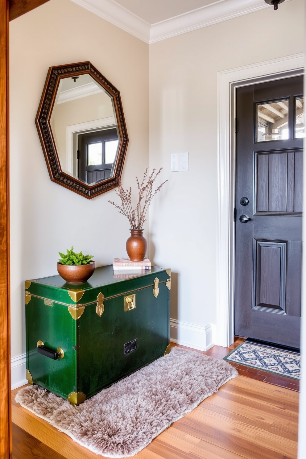 A vintage green trunk is placed in the corner of the foyer, serving as both a functional storage solution and a decorative piece. The trunk is adorned with brass accents and sits atop a plush area rug that complements the green tones. The foyer features a harmonious blend of vintage and modern elements, with a statement mirror hanging above the trunk. Soft lighting illuminates the space, highlighting the warm wood tones of the entryway and creating an inviting atmosphere.