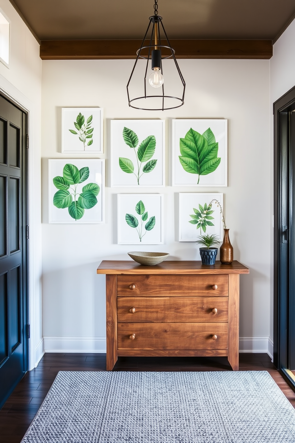 A bright green accent wall serves as a stunning focal point in the foyer, complemented by an array of vibrant artwork that adds personality and charm. The space features a sleek console table adorned with decorative items, while a stylish rug anchors the area, inviting guests into a warm and welcoming environment.