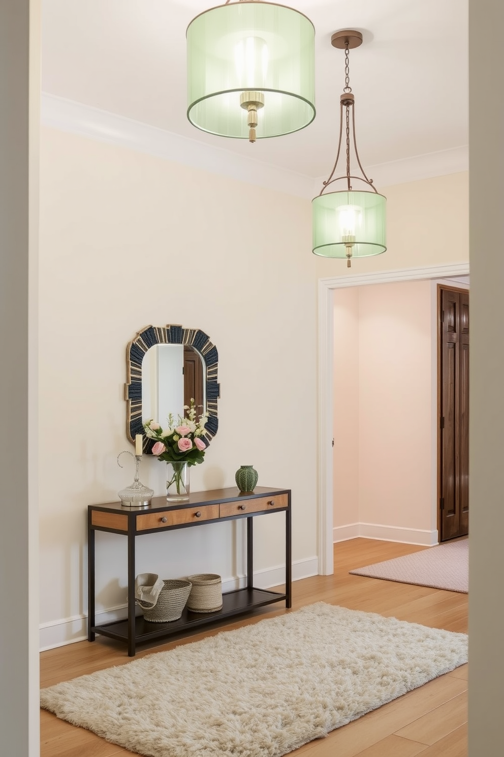 A stunning foyer featuring sage green light fixtures that exude elegance. The space includes a sleek console table against the wall, adorned with a decorative mirror and fresh flowers. The walls are painted in a soft cream color, creating a warm and inviting atmosphere. A plush area rug lies beneath, adding texture and comfort to the entryway.