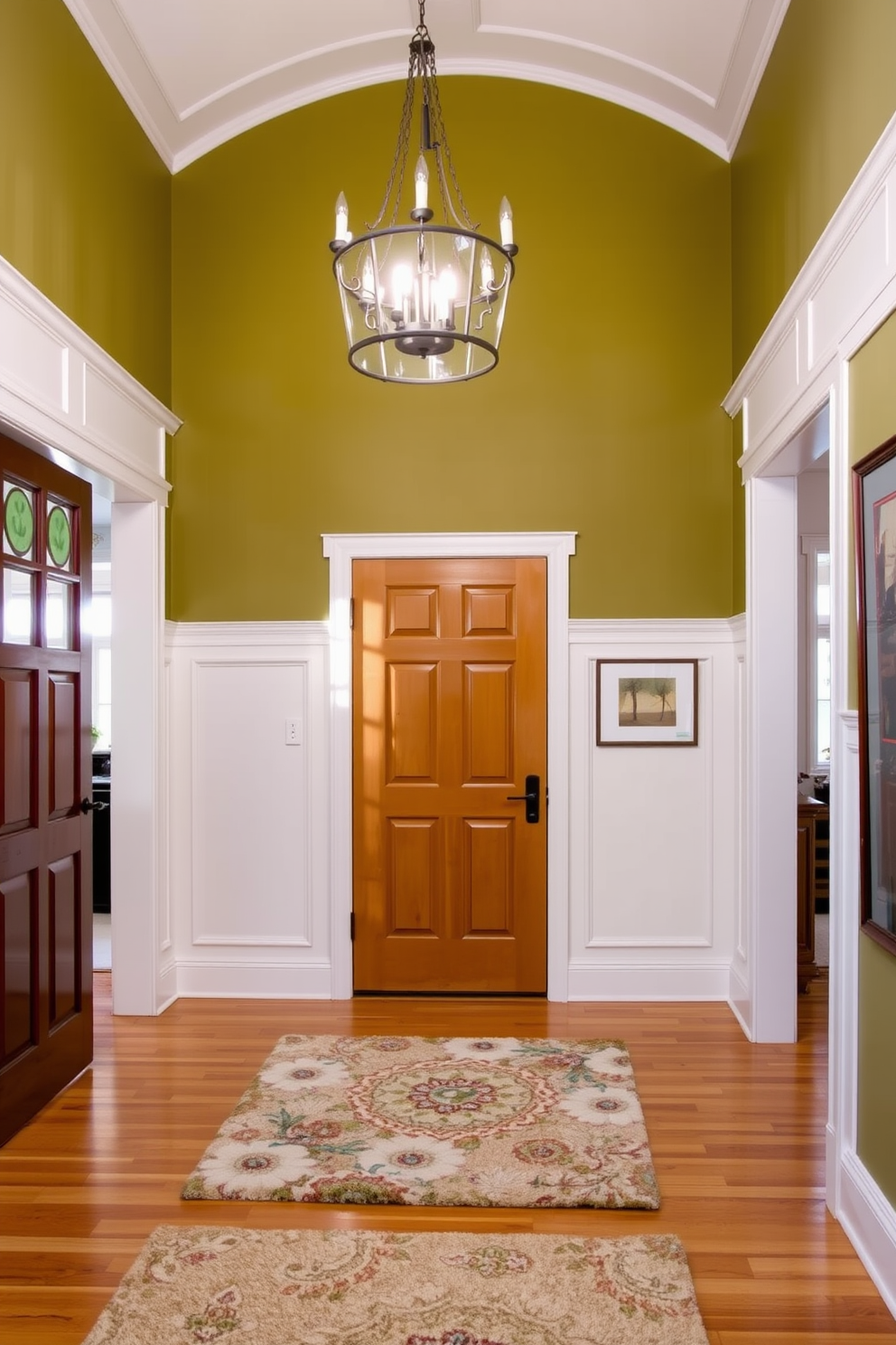 A welcoming foyer featuring an olive green accent wall adorned with elegant white molding. The space is illuminated by a stylish chandelier, and a plush area rug adds warmth to the hardwood floor.