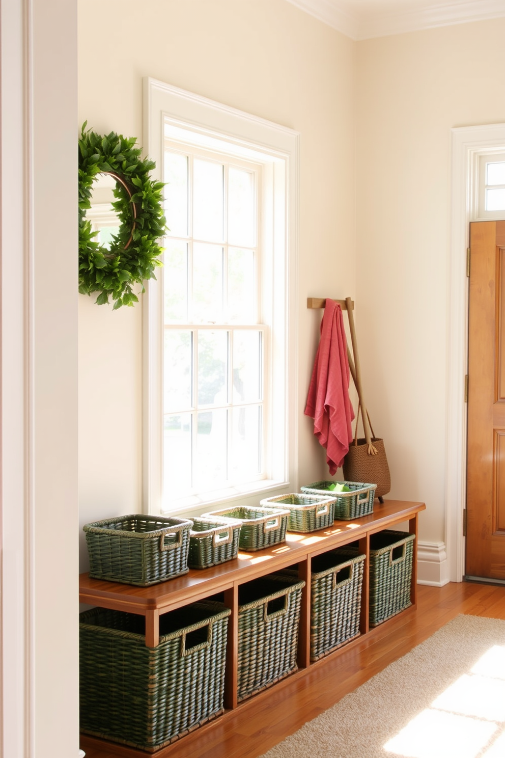 A stylish foyer featuring green woven baskets for organization. The baskets are neatly arranged on a wooden bench, complementing the warm tones of the space. The walls are painted in a soft cream color, enhancing the natural light that floods in through a large window. A decorative mirror hangs above the bench, adding depth and elegance to the entryway.