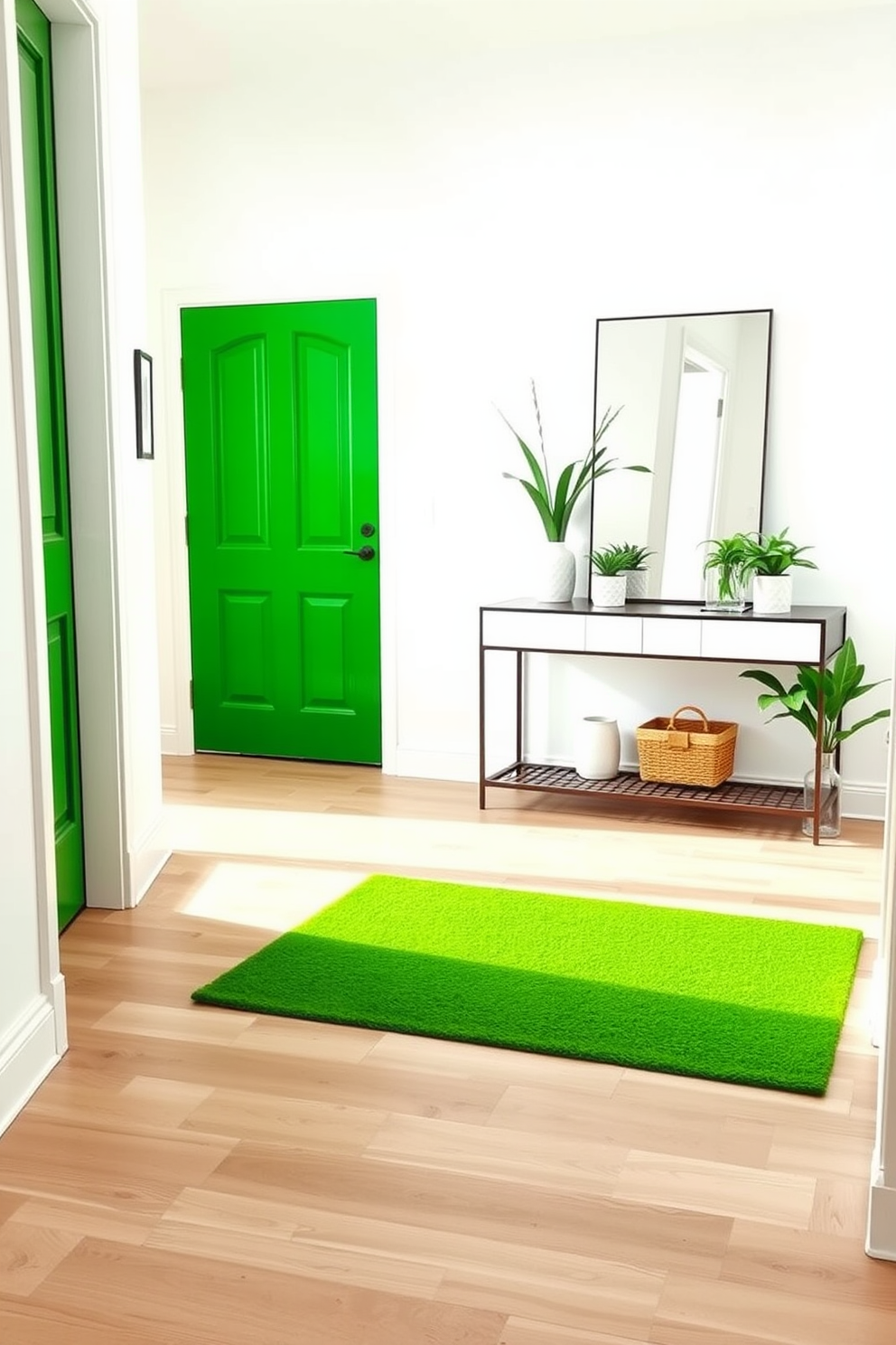 A pale green staircase runner carpet elegantly complements the light wood staircase, creating a seamless transition between levels. The foyer features a bright and airy design with large windows allowing natural light to flood the space, highlighting the soft tones of the decor.