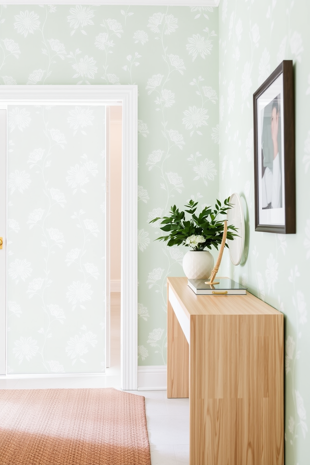 A bright and inviting foyer featuring mint green wallpaper adorned with delicate floral patterns. The space is complemented by a sleek console table made of light wood, topped with a decorative mirror and a small potted plant.