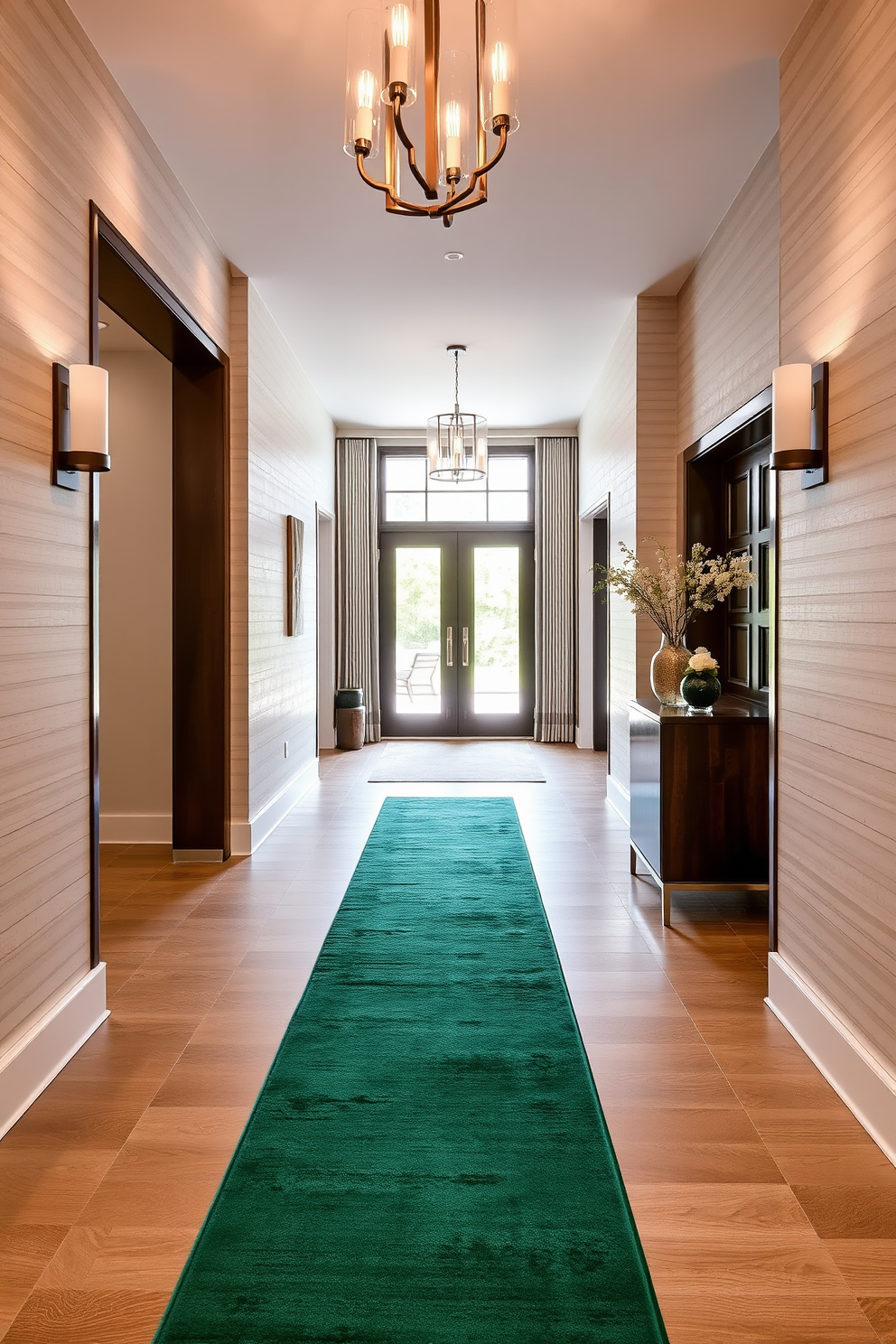 A stunning foyer featuring a dark green velvet upholstered bench that adds a touch of luxury. The walls are adorned with elegant artwork, and a statement chandelier hangs above, illuminating the space beautifully.