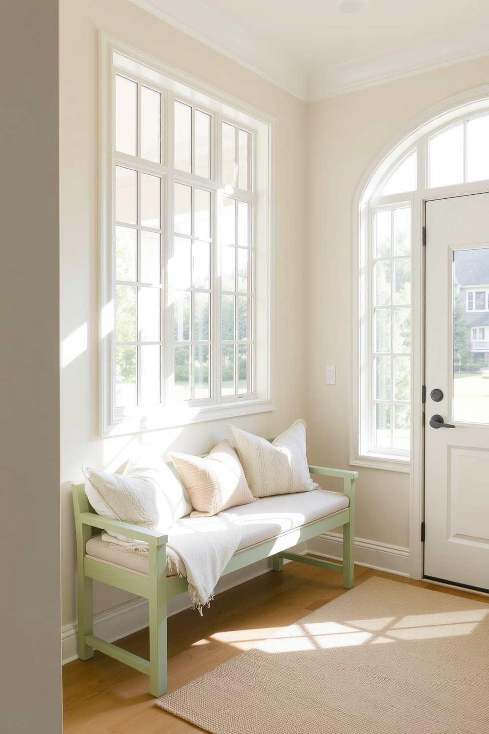 A bright and airy foyer features light green woven baskets neatly arranged for storage. The walls are painted in a soft white, creating a welcoming atmosphere enhanced by natural light streaming through large windows.