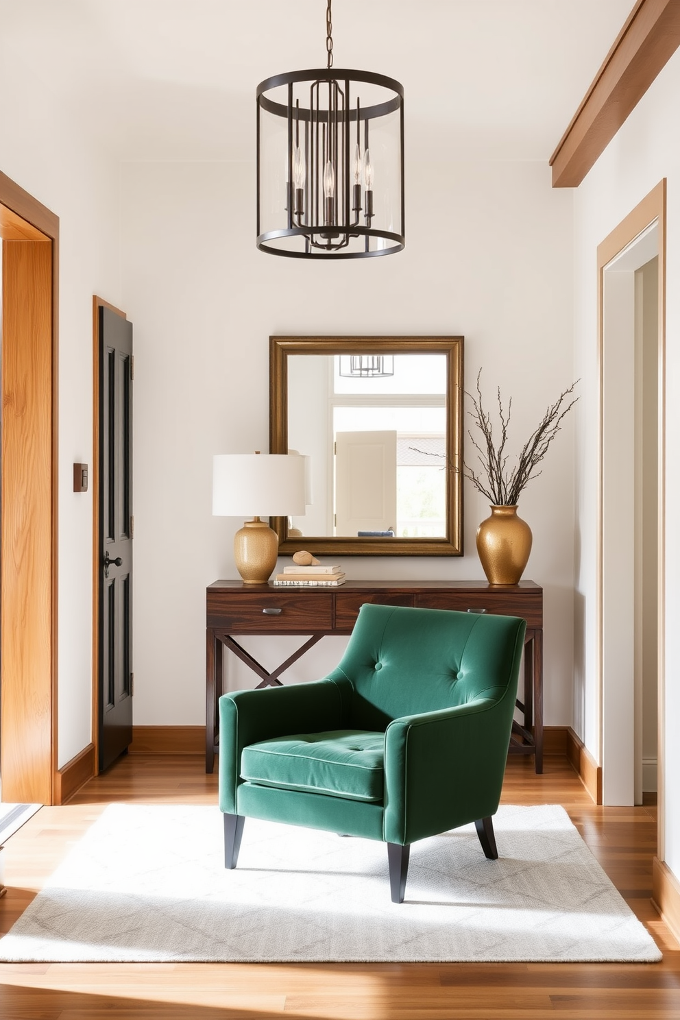 A striking forest green accent chair is positioned in a bright foyer, creating a bold contrast against the light-colored walls. The space is adorned with natural wood elements and a stylish console table, enhancing the inviting atmosphere. The foyer features a statement light fixture that draws the eye upward, complementing the rich hue of the accent chair. A large mirror hangs above the console table, reflecting the natural light and making the area feel more spacious.