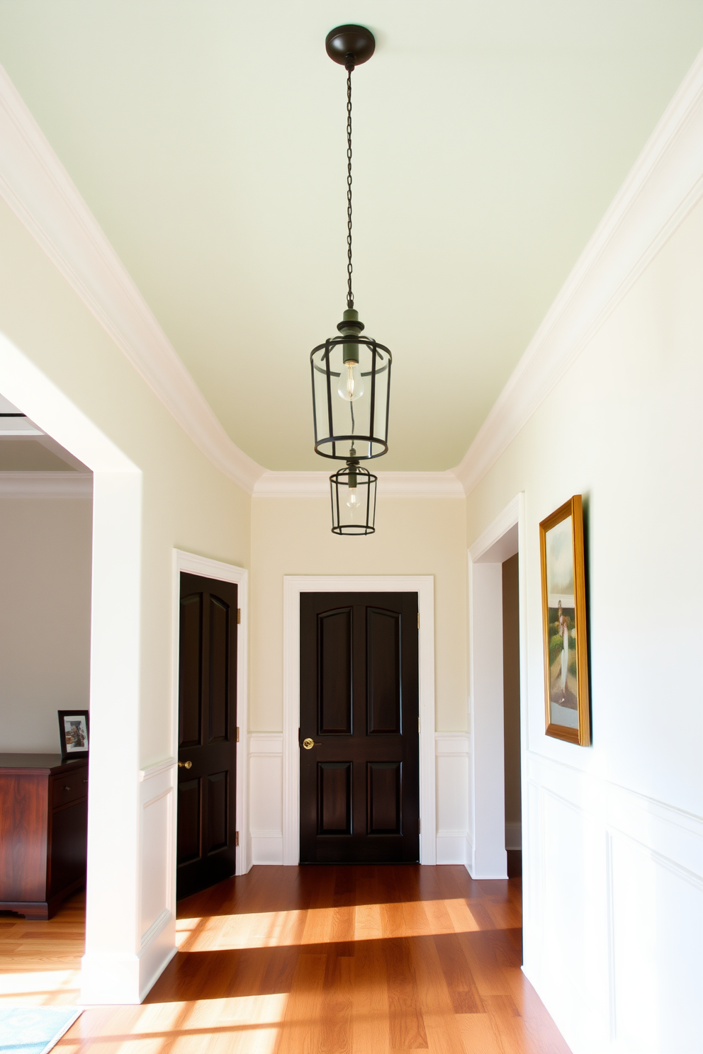 A stunning foyer design featuring a forest green patterned area rug that adds depth and warmth to the space. The walls are adorned with elegant molding and a striking piece of artwork, creating a welcoming atmosphere. Natural light floods the foyer through large windows, highlighting the rich textures of the rug and the polished hardwood floor. A stylish console table is positioned against the wall, adorned with decorative items and a chic lamp for added ambiance.