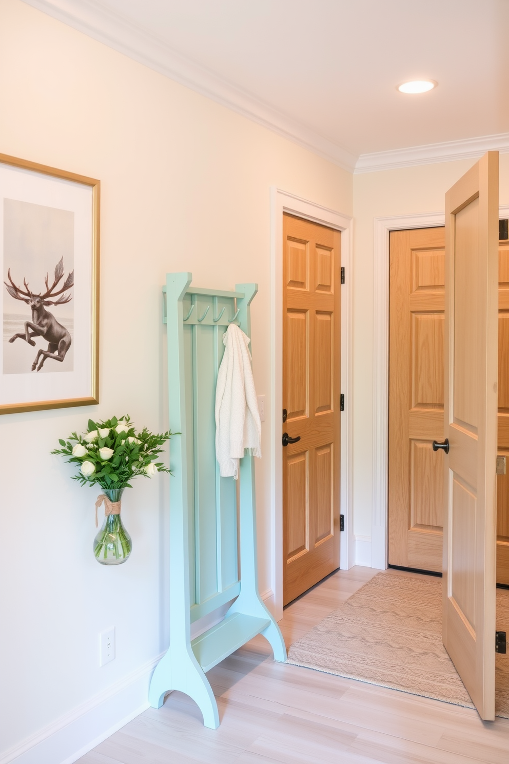 A fresh and inviting foyer features a seafoam green coat rack positioned by the door, providing a stylish yet functional entry point. The walls are adorned with subtle artwork that complements the soothing color palette, creating a harmonious atmosphere.