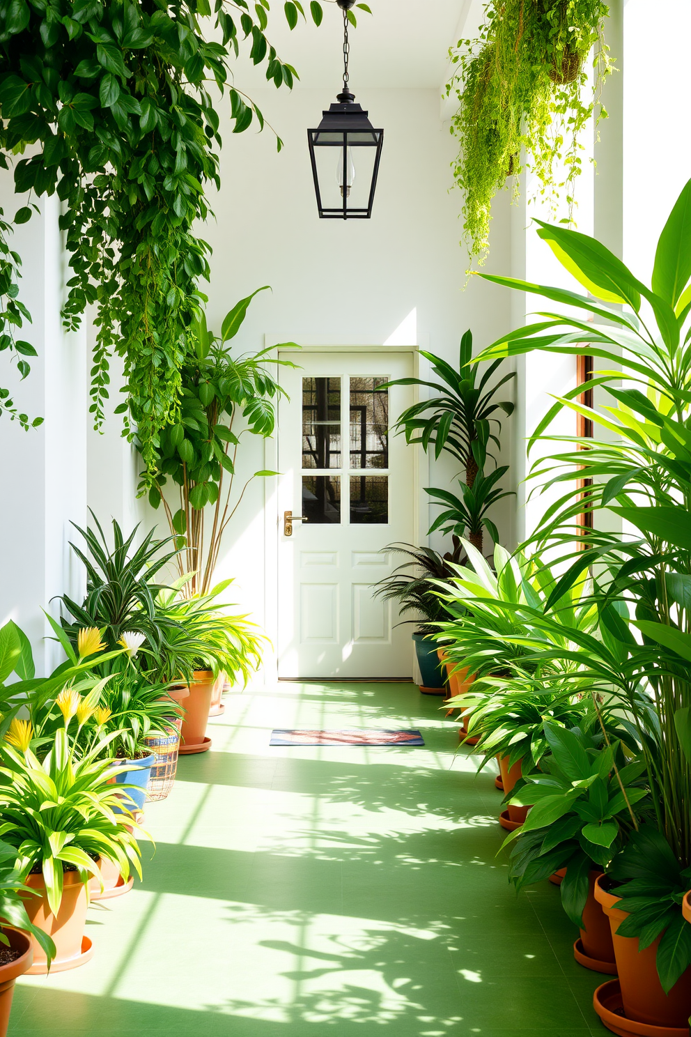 A pale green entryway features a large mirror with a stylish shelf underneath. The space is adorned with decorative hooks for hanging coats and a small potted plant adds a touch of freshness.