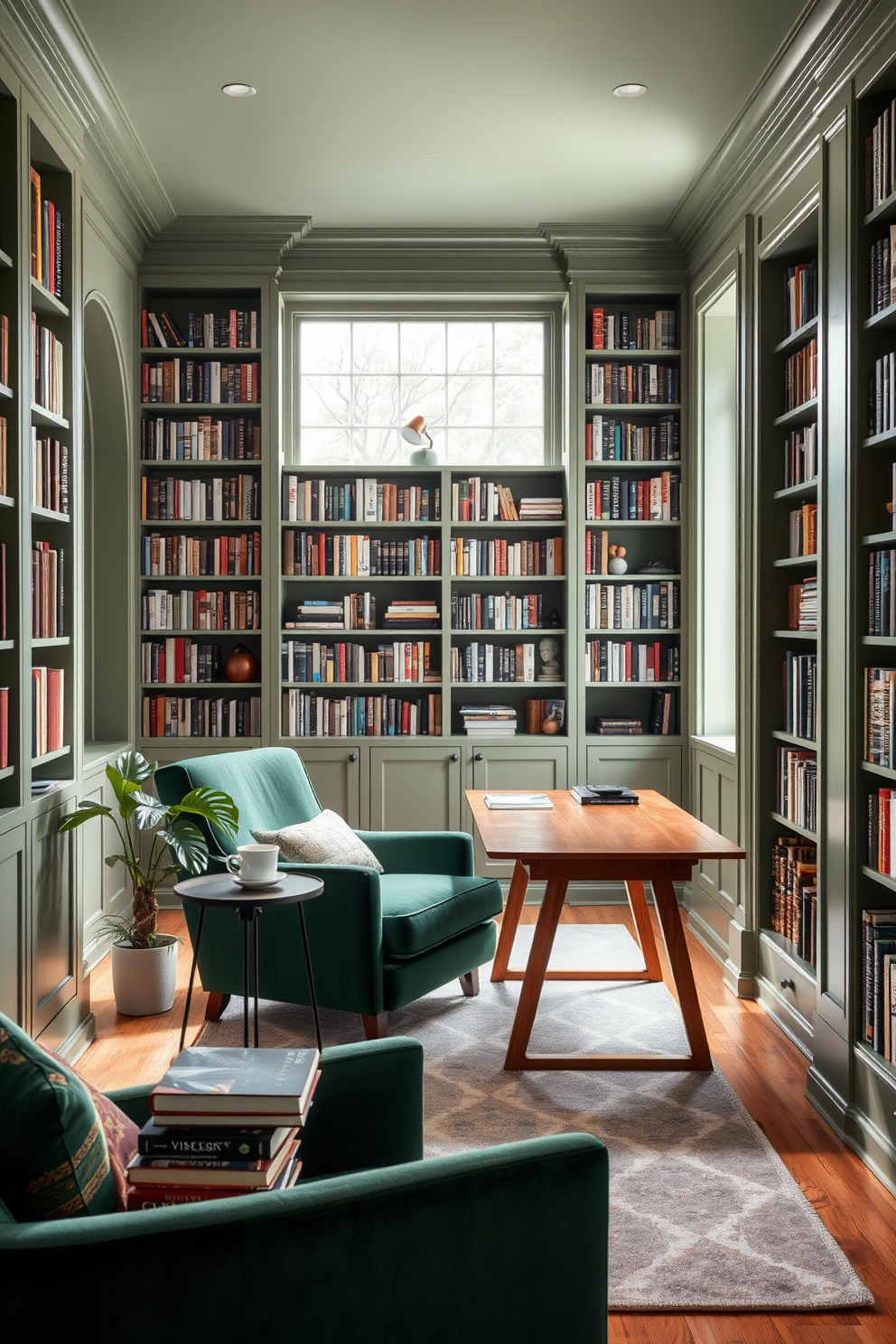 Cozy reading nook with green accents. A plush armchair in deep emerald green is positioned near a large window, with soft natural light streaming in. A small side table holds a steaming cup of tea and a stack of books, while a leafy potted plant adds a touch of nature. The walls are adorned with built-in shelves filled with books, and a soft area rug in muted tones anchors the space. Green Home Library Design Ideas. A spacious room features floor-to-ceiling bookshelves painted in a calming sage green, creating a serene atmosphere. A large wooden desk sits in the center, accompanied by a comfortable chair and a reading lamp, inviting hours of study and reflection.