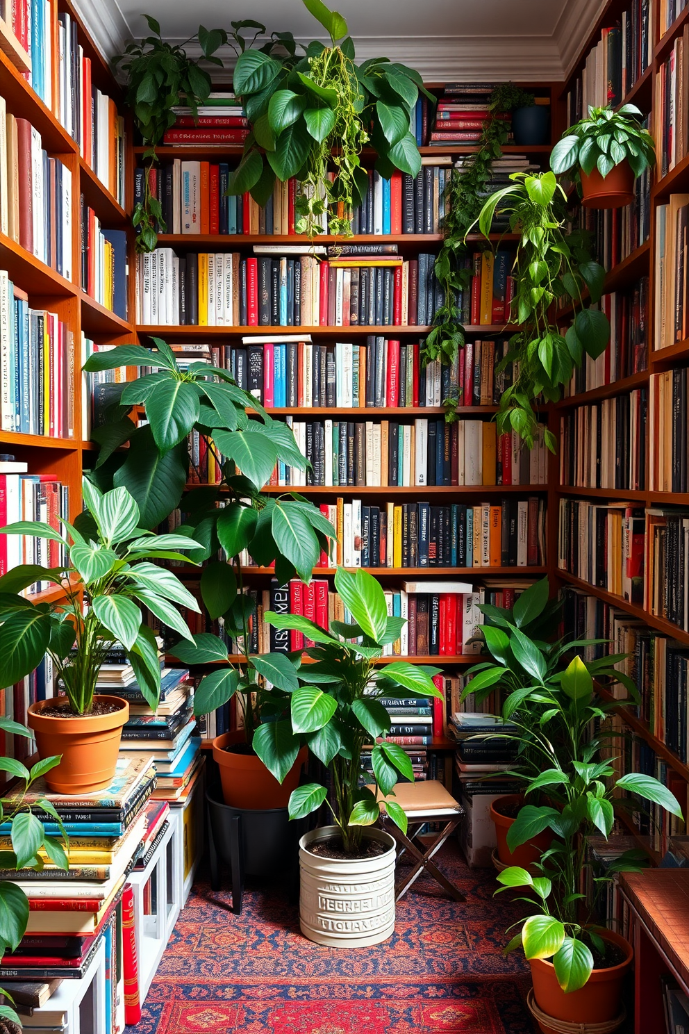 An eclectic home library filled with a vibrant mix of books and lush greenery. The walls are lined with colorful bookshelves, while potted plants of various sizes are strategically placed throughout the space.