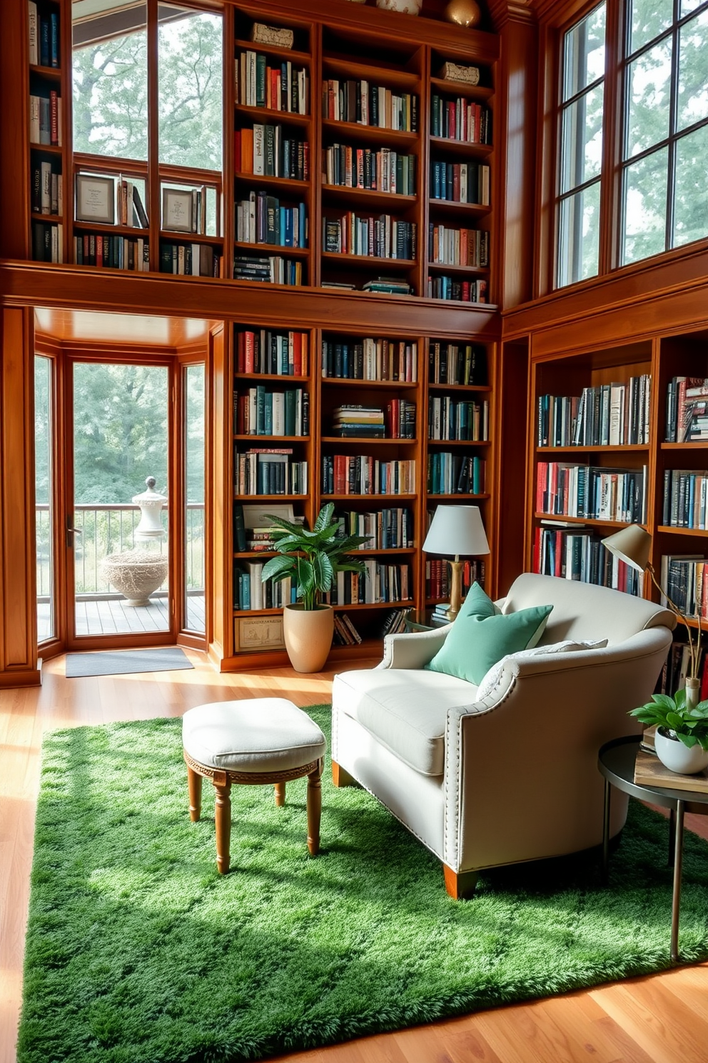 A cozy home library featuring a rich wooden bookshelf filled with an array of books. A plush green rug defines the reading area, complementing the warm tones of the wooden furniture. The library has a comfortable reading chair upholstered in a soft fabric, positioned beside a small side table. Large windows allow natural light to flood the space, highlighting the serene green accents throughout the room.