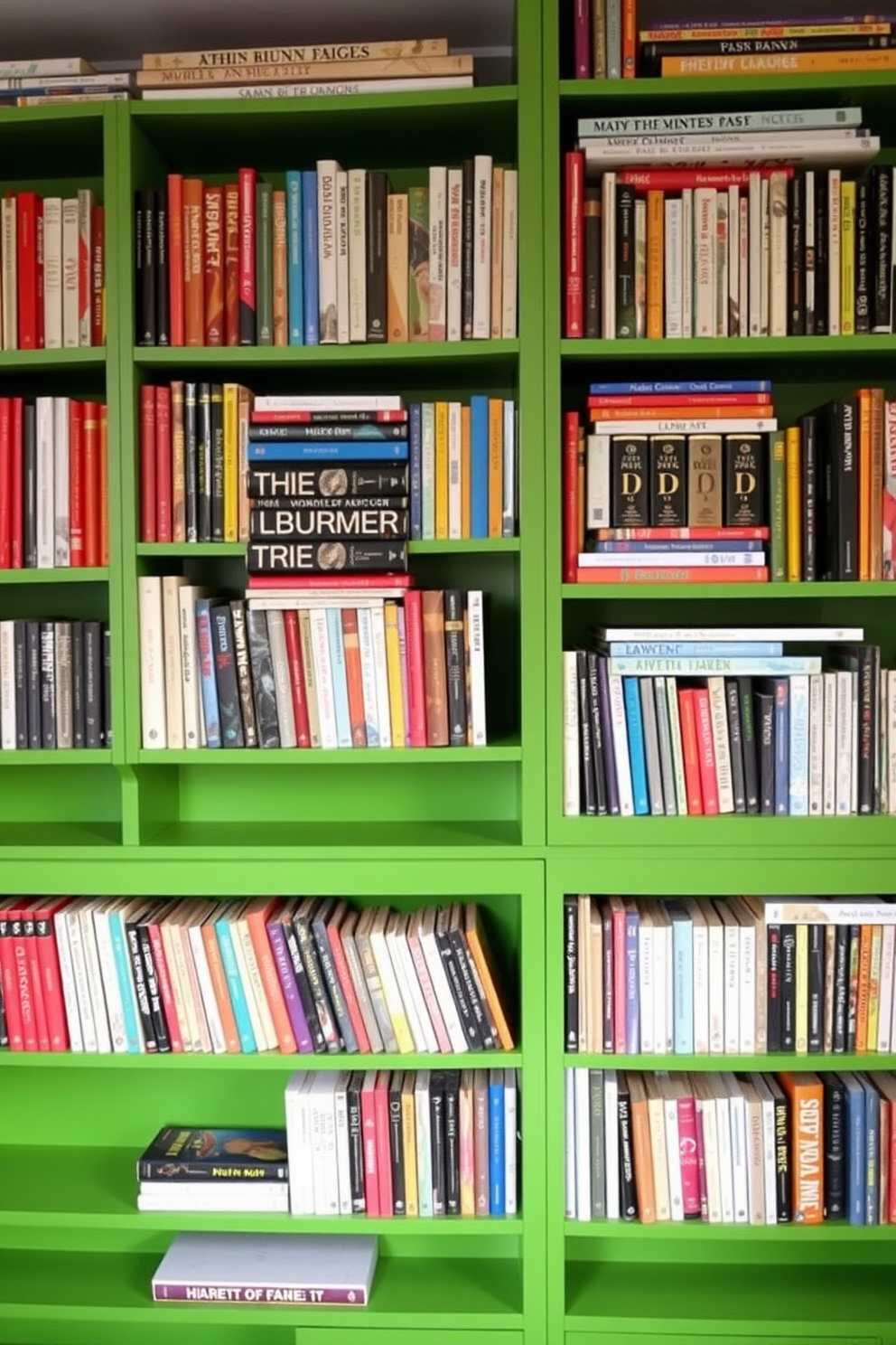 A cozy home library features wall-mounted bookshelves painted in vibrant green. The shelves are filled with an array of colorful books, creating a lively and inviting atmosphere.