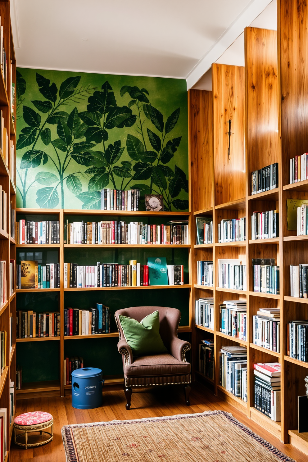 Artistic green mural as a focal point. The library features floor-to-ceiling bookshelves made of reclaimed wood, filled with an eclectic collection of books. A cozy reading nook is nestled in one corner, adorned with plush cushions and a vintage armchair. Soft, natural light filters through large windows, illuminating the space and highlighting the mural's vibrant colors.