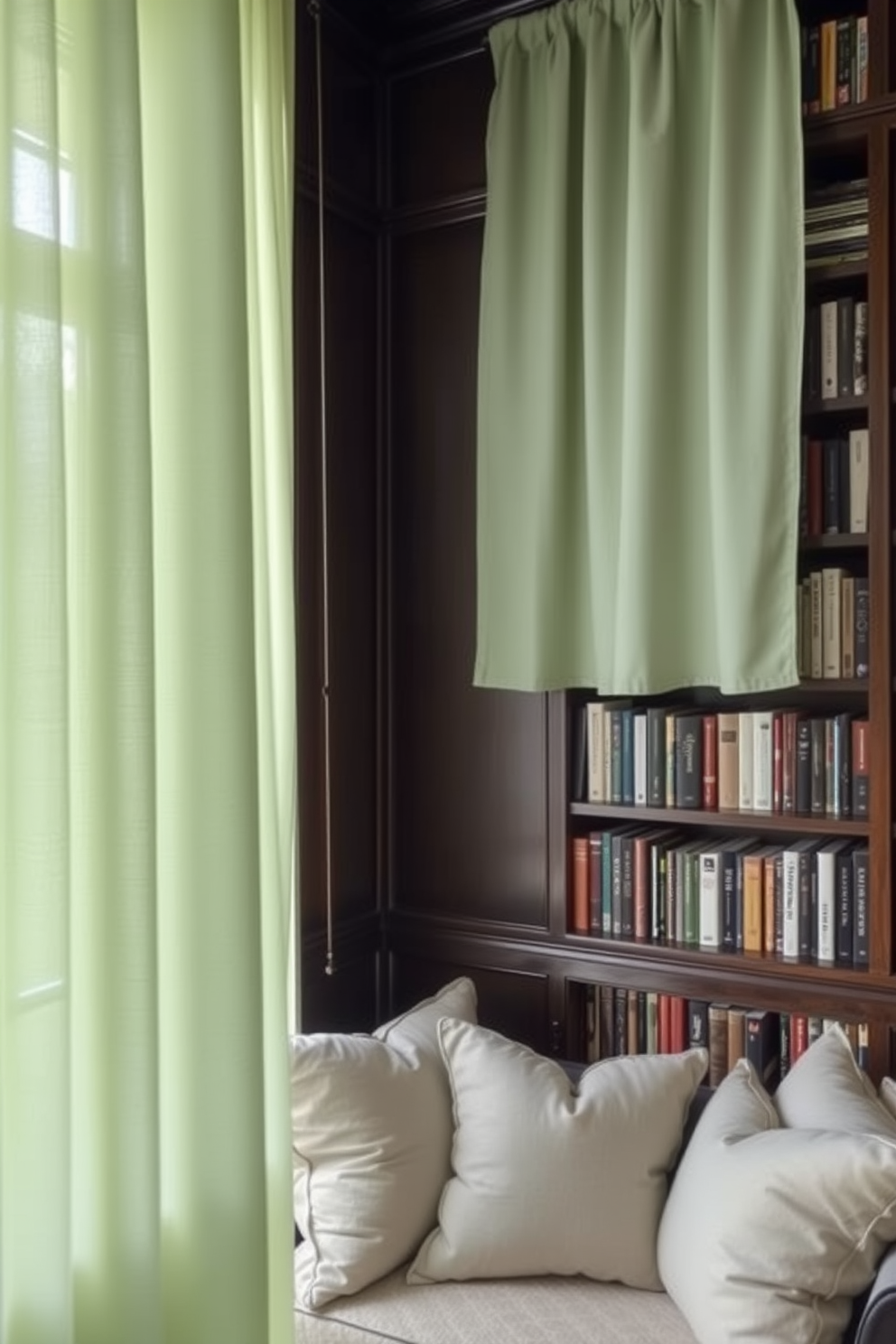 A serene home library featuring soft green curtains that gently filter natural light, creating a calming atmosphere. The walls are lined with dark wooden bookshelves filled with an array of books, while a plush reading nook is adorned with cozy cushions and a small side table.