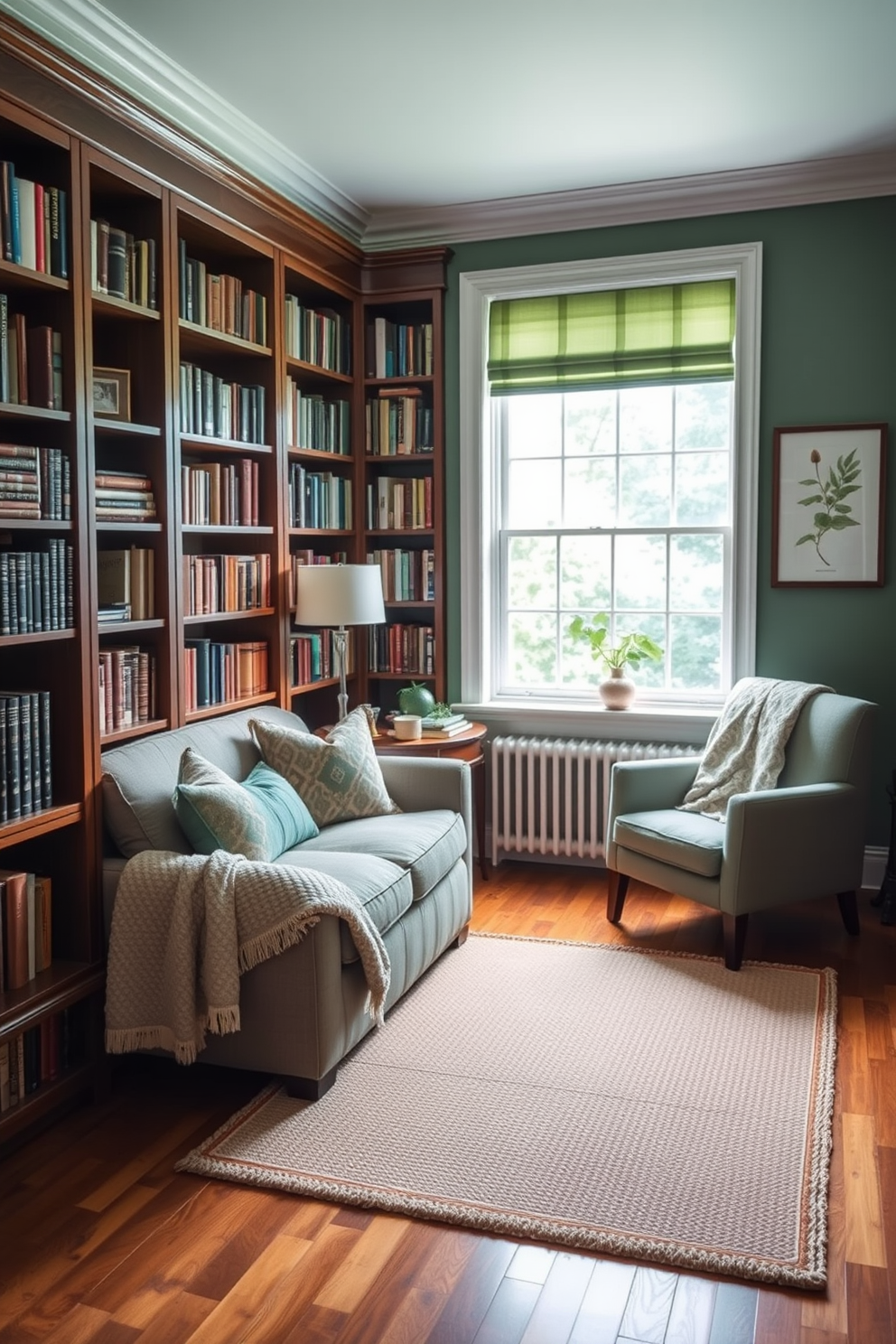 A cozy home library featuring a blend of rich wooden bookshelves filled with an array of books. Soft green textiles are used throughout the space, including plush cushions on a deep-set reading nook and a textured throw draped over an armchair. The walls are adorned with botanical prints that complement the green theme, while a large window allows natural light to fill the room. A woven area rug adds warmth to the hardwood floor, creating an inviting atmosphere for reading and relaxation.