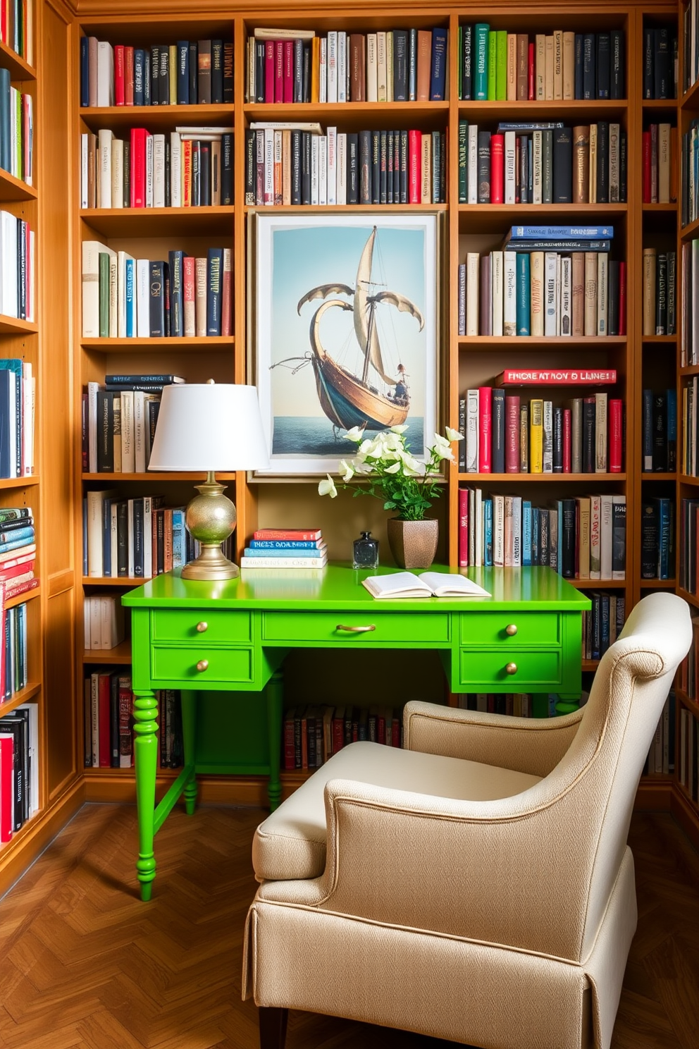 A bright green desk serves as a vibrant focal point in a cozy home library. Surrounding the desk are tall bookshelves filled with an array of books, complemented by a comfortable reading chair in a soft neutral fabric.