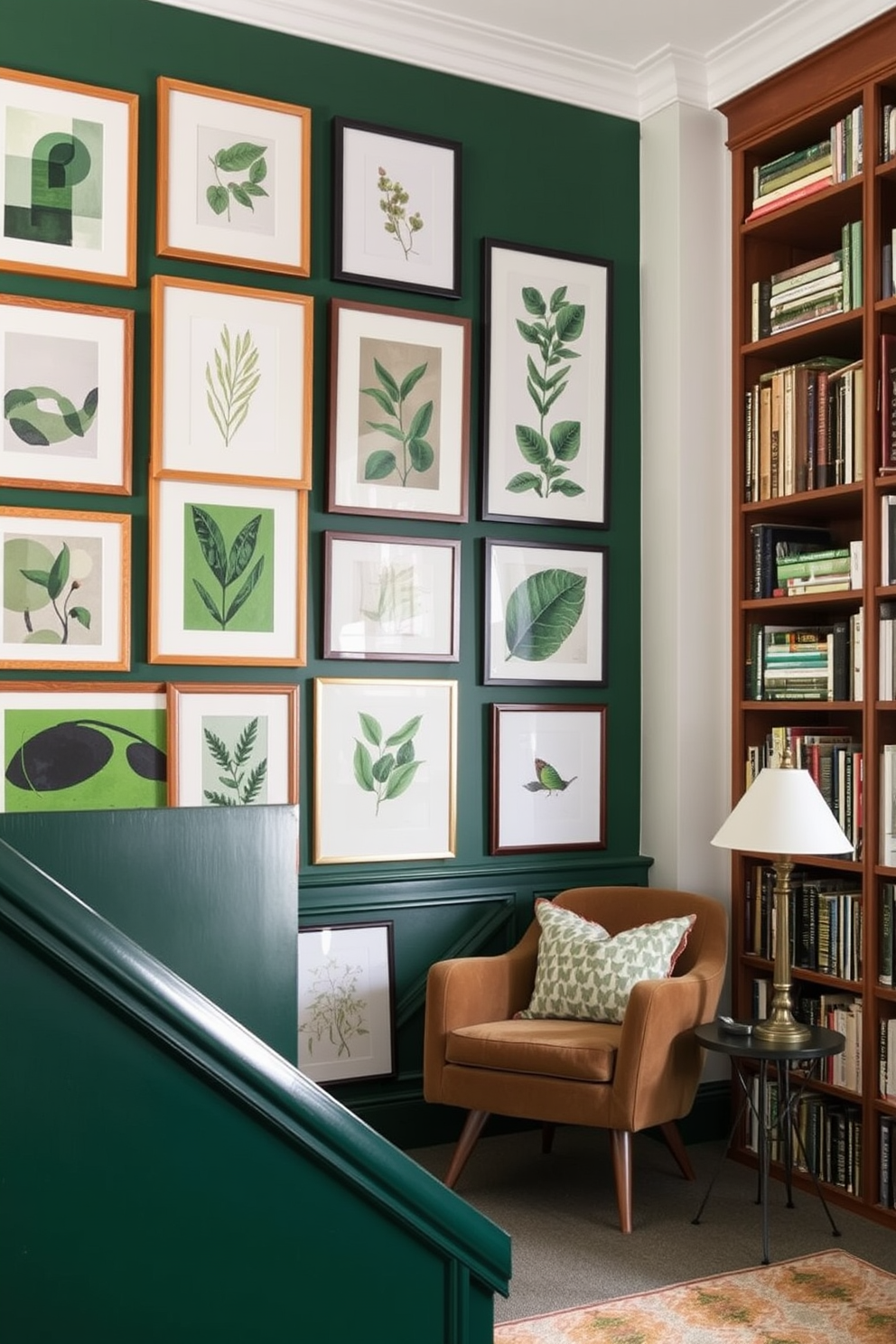 A gallery wall featuring a collection of green-themed art pieces. The artwork includes abstract prints and botanical illustrations, all framed in natural wood. A cozy home library designed with rich green walls and ample bookshelves. A comfortable reading nook with a plush armchair and a small side table is situated near a window, inviting relaxation.