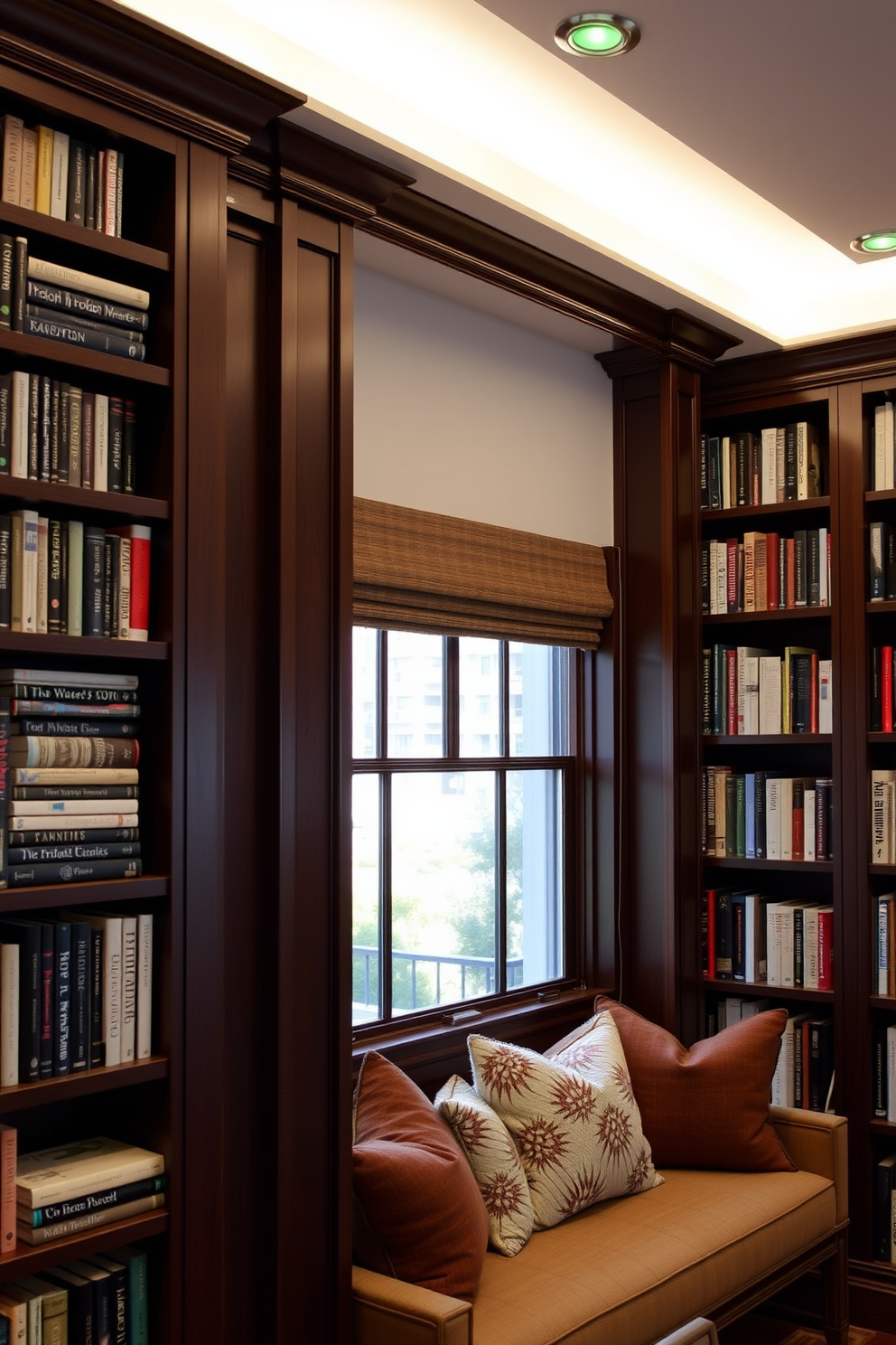 A cozy home library featuring integrated reading lights with green fixtures. The walls are lined with dark wood bookshelves filled with books, and a comfortable reading nook is adorned with plush cushions.